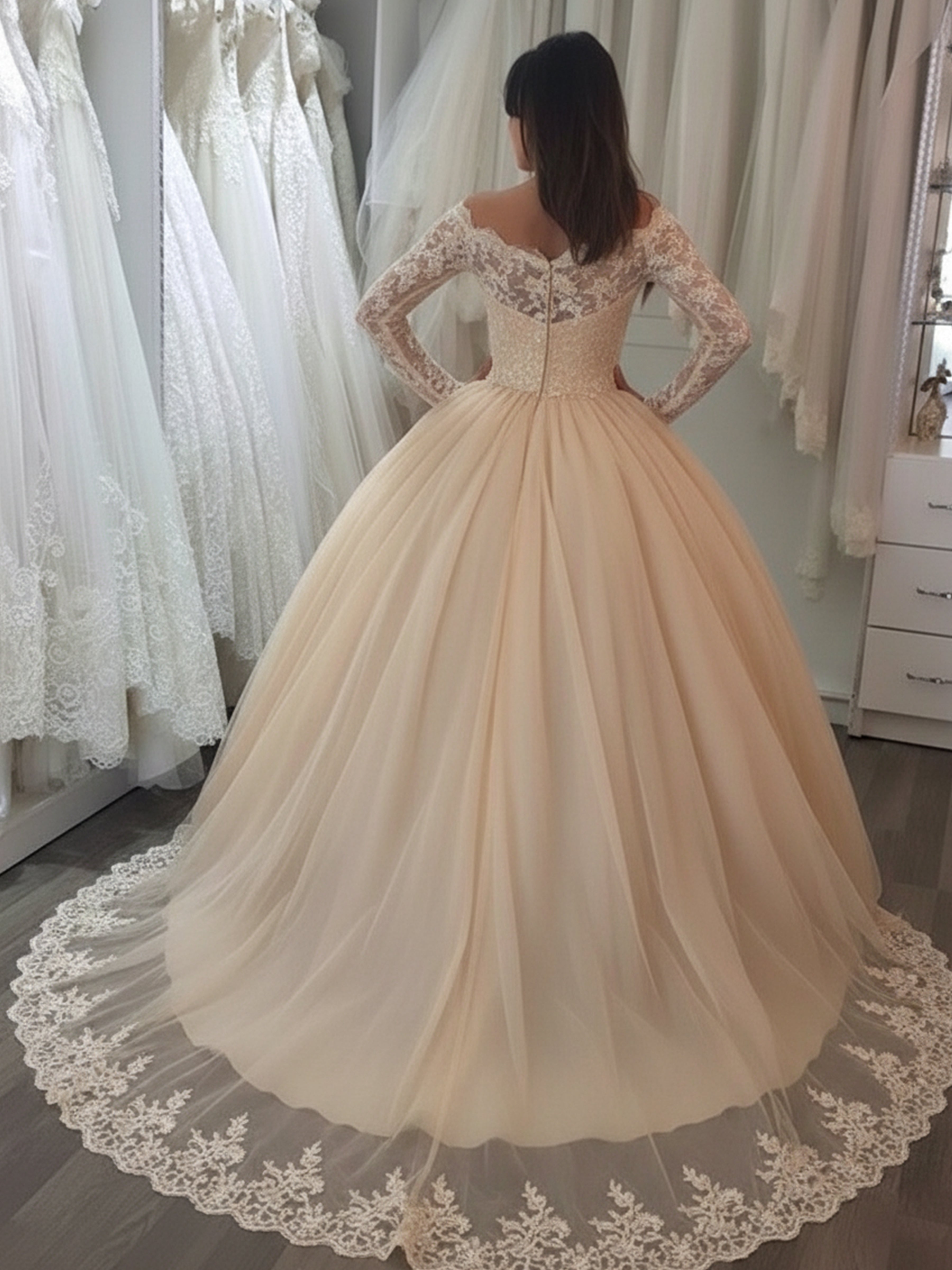 ROVDESY Off The Shoulder Long Sleeve Lace Ball Gown Wedding Dress Bridal Gown