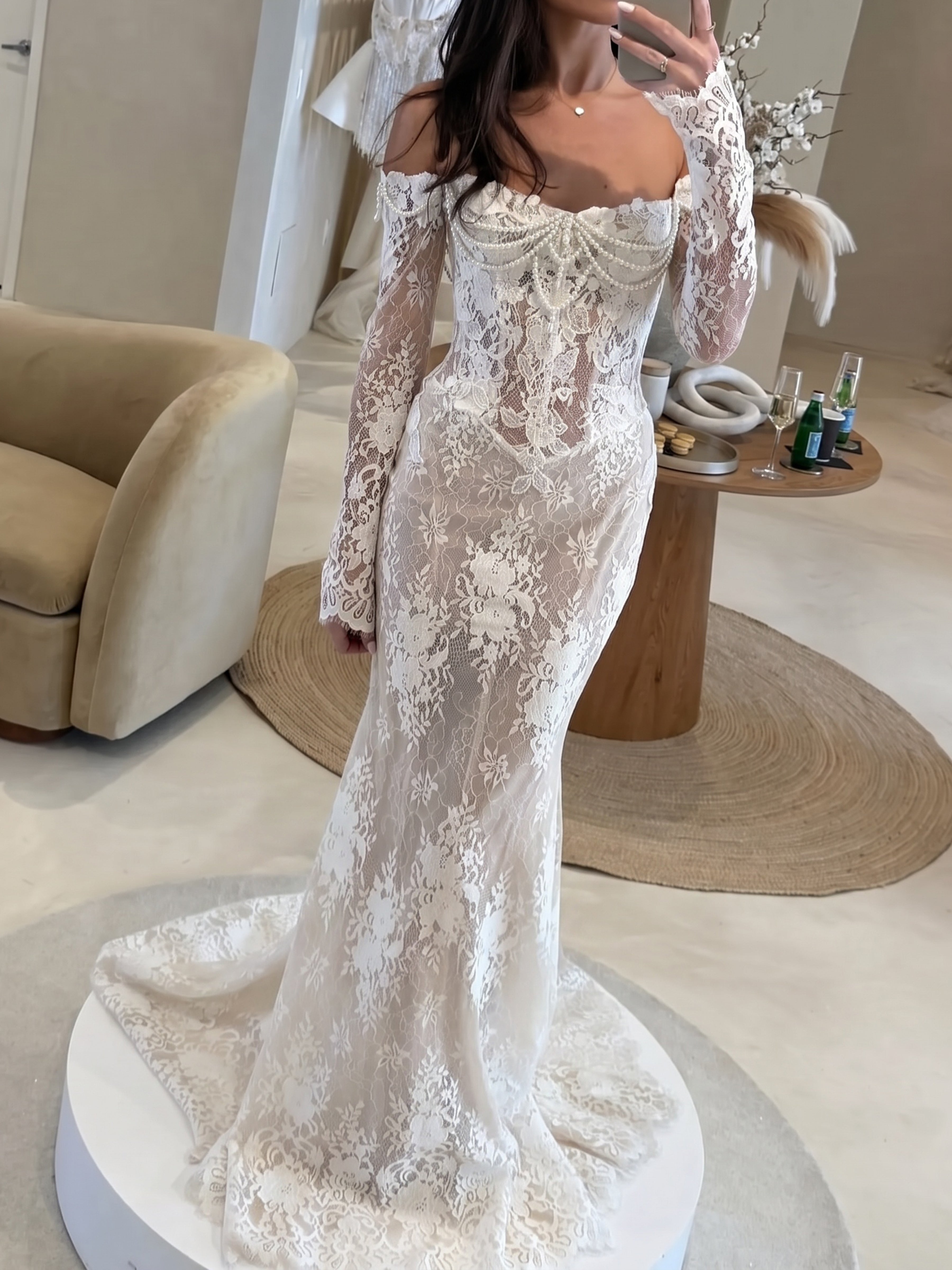 ROVDESY  Off The Shoulder Long Sleeve Floral Lace Mermaid Wedding Dress Bridal Gown