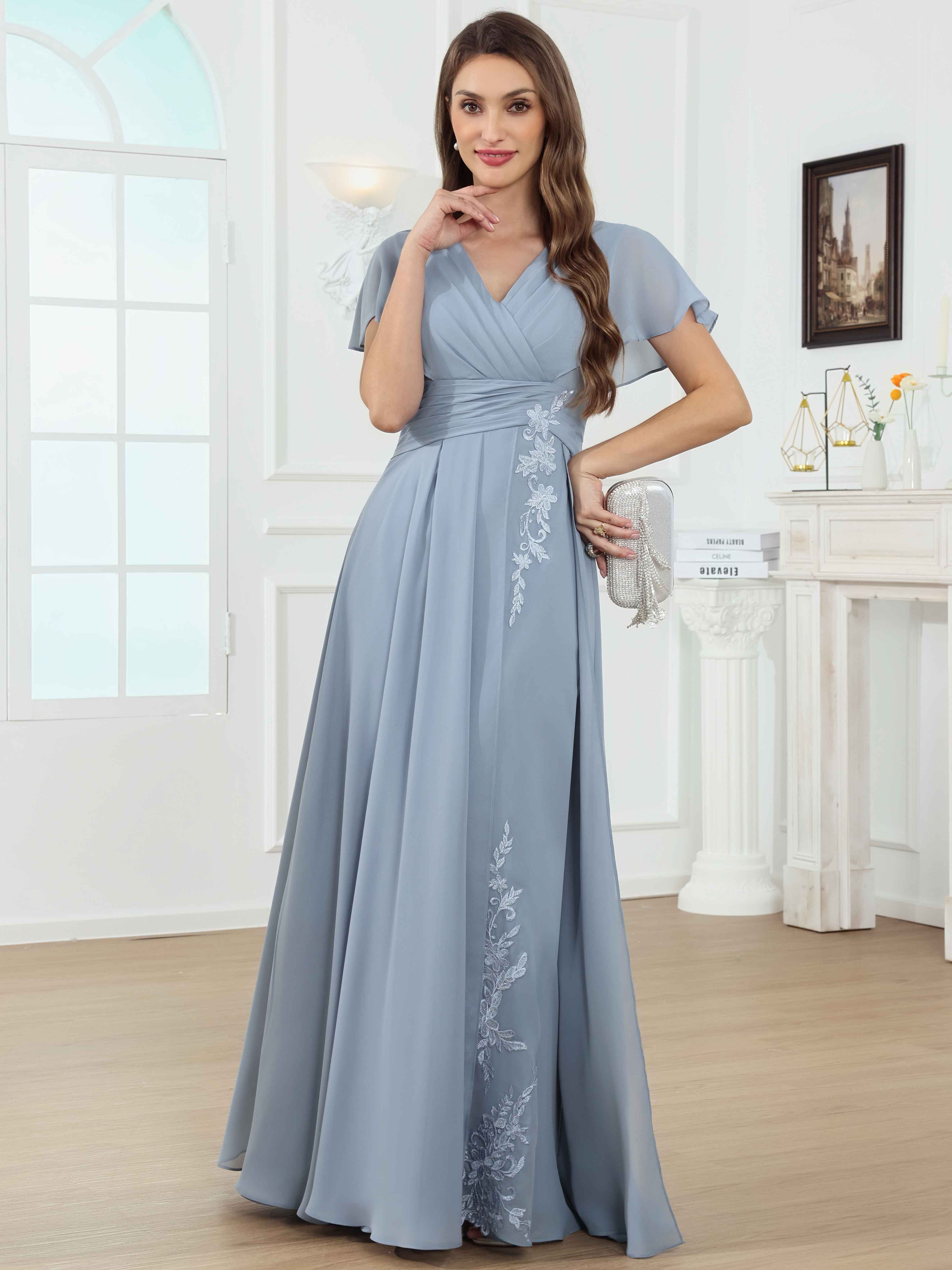 ROVDESY A-Line V-Neck Pleated Lace Chiffon Mother Of The Bride Dress With Short Sleeves