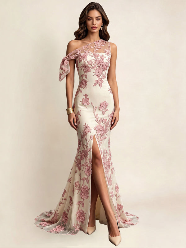 One Shoulder Floral Tulle Mermaid Formal Prom Dress with Slit