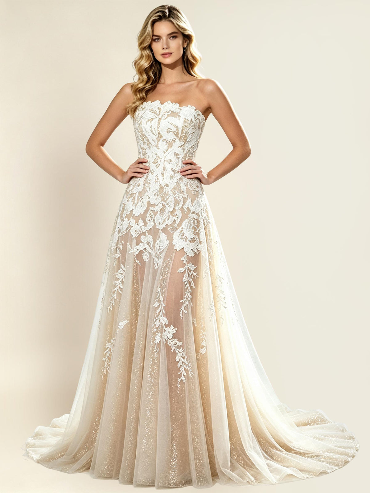 Strapless Floral Lace A?Line Wedding Gown With Glitter Tulle