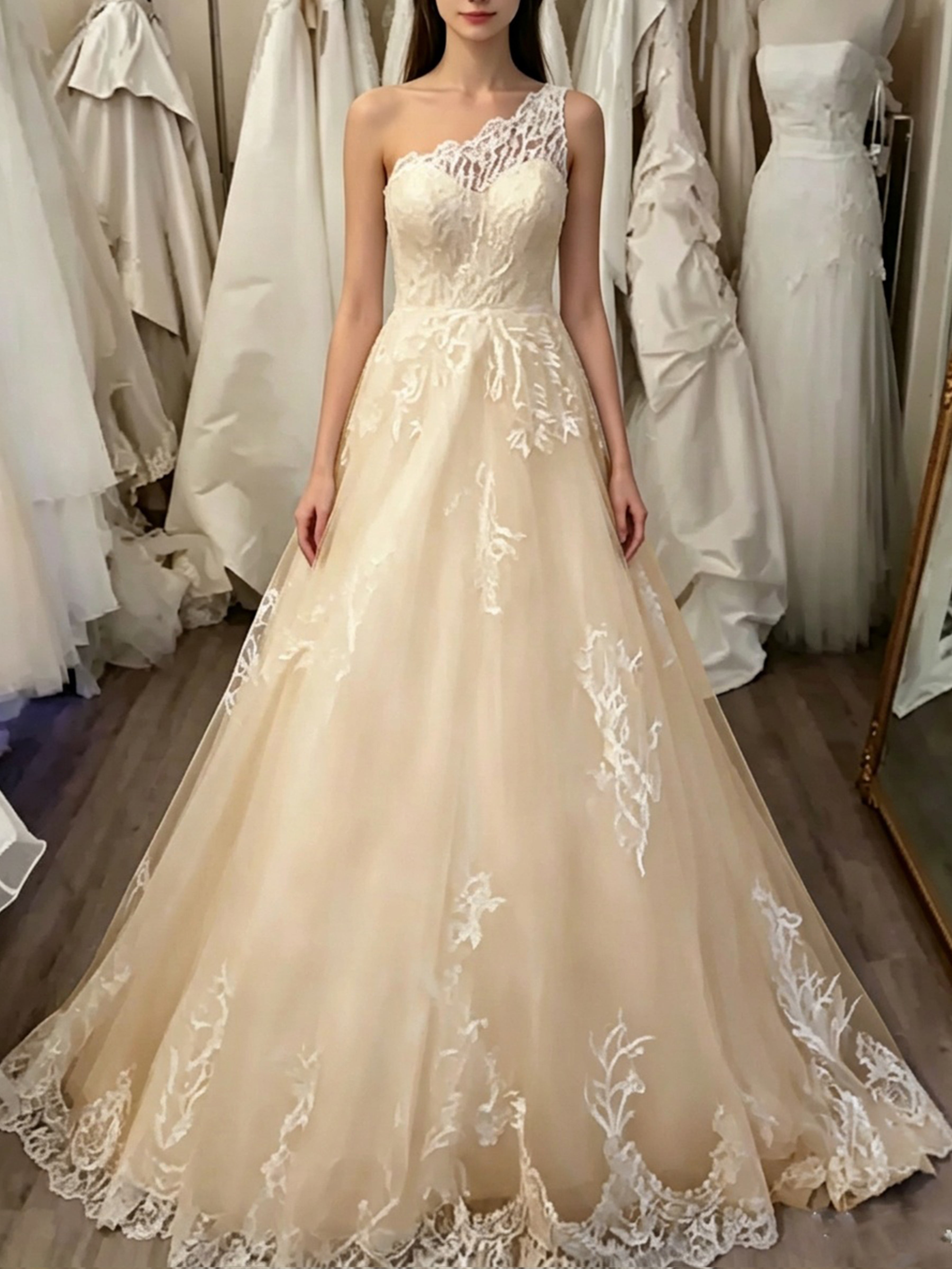 ROVDESY  One Shoulder Lace A-Line Tulle Wedding Dress Bridal Gown