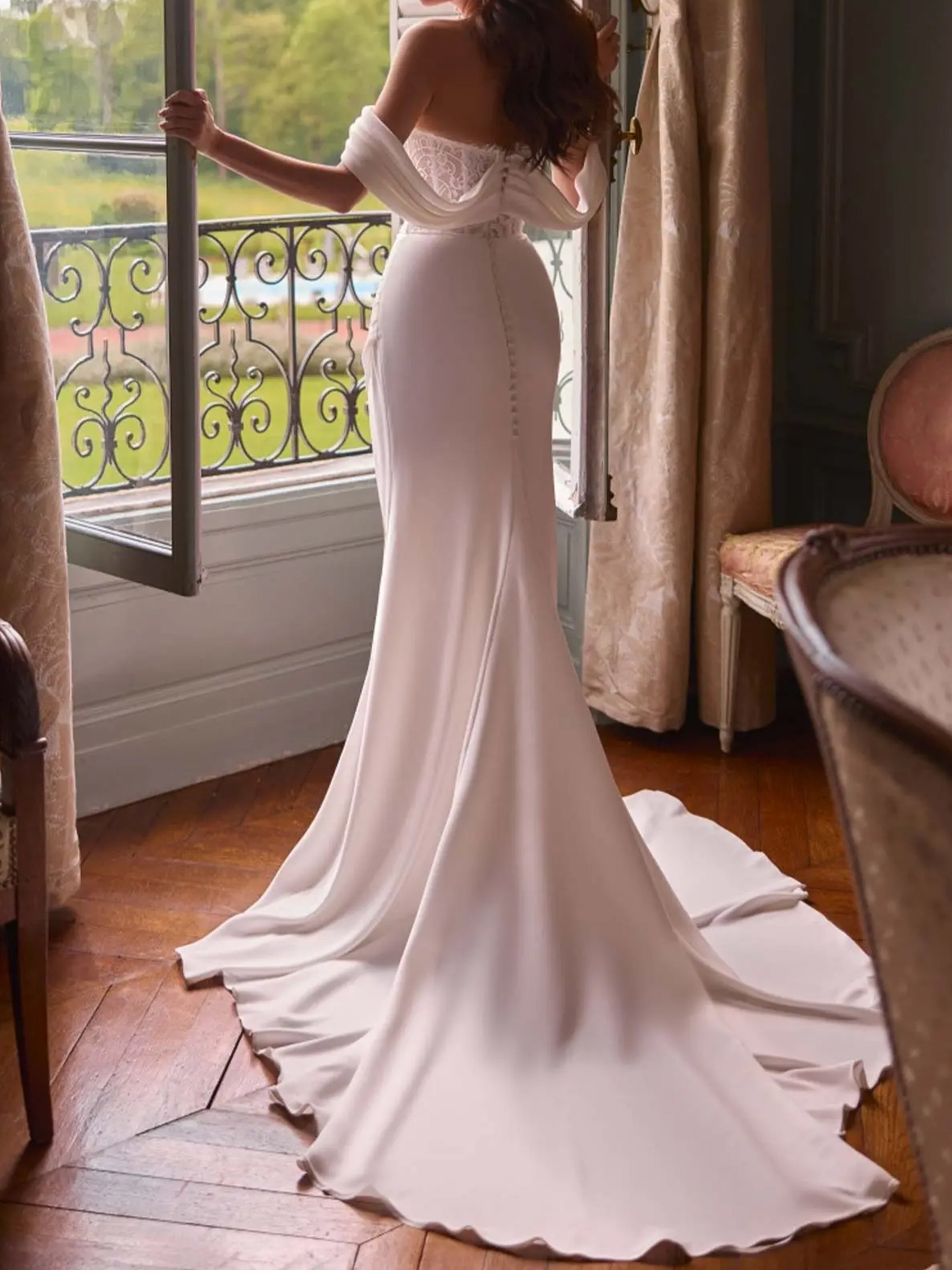 ROVDESY Off The Shoulder Long Sleeve Lace Mermaid Wedding Dress Bridal Gown With Slit