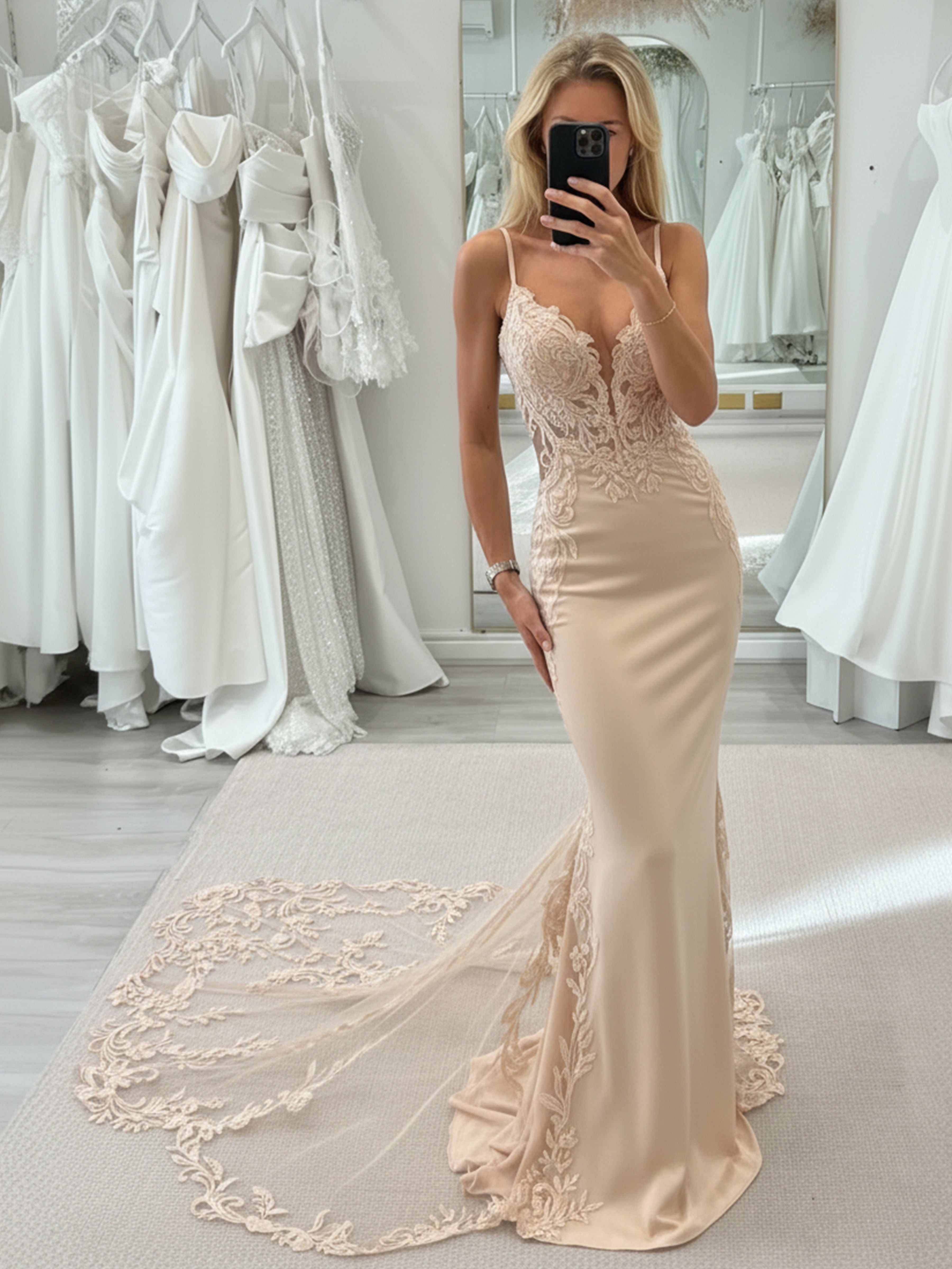 ROVDESY Spaghetti Straps Deep V Neck Lace Mermaid Wedding Dress Bridal Gown