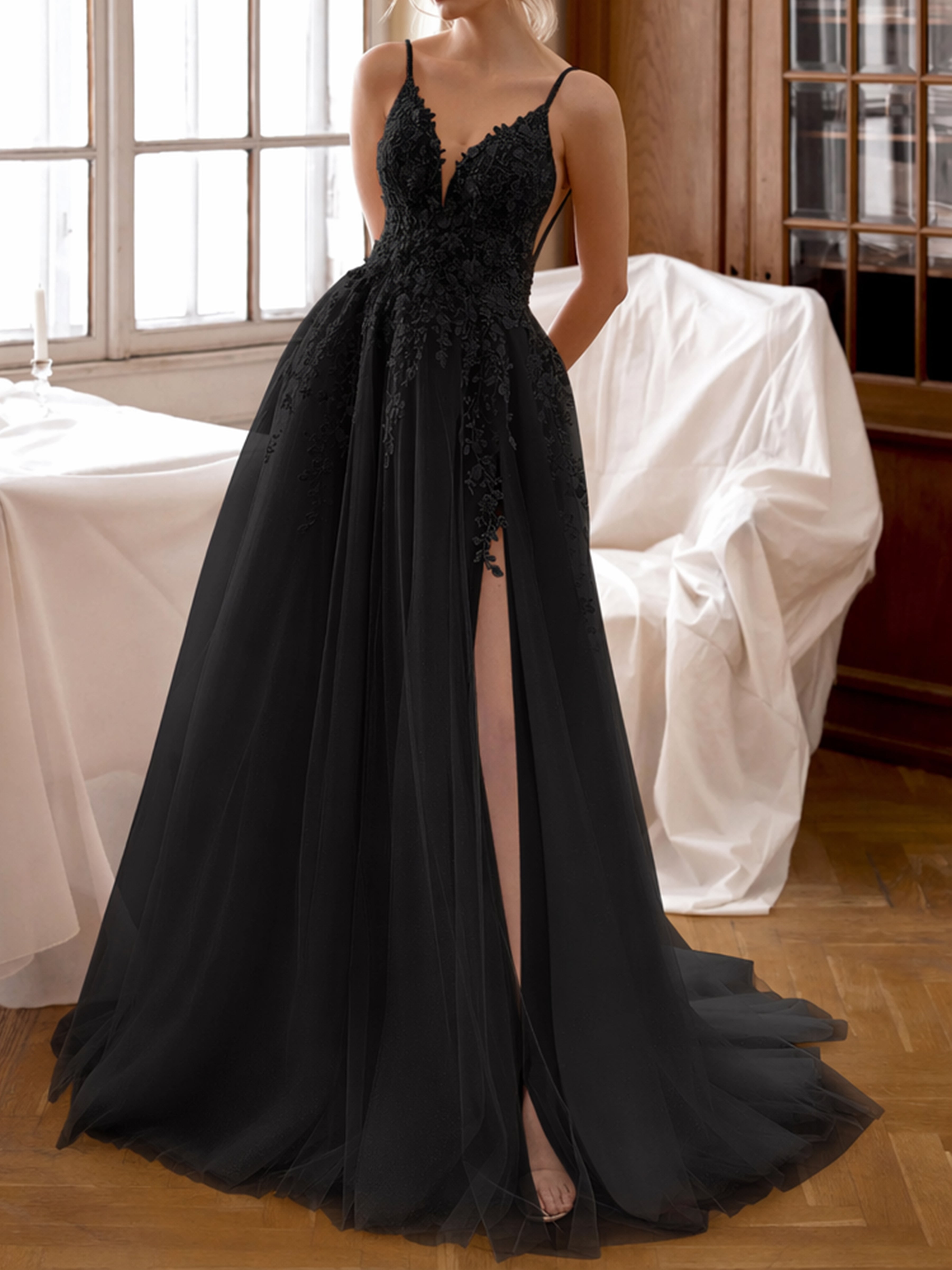 ROVDESY  Spaghetti Strap Deep V Neck Lace A-Line Wedding Dress Bridal Gown With Slit