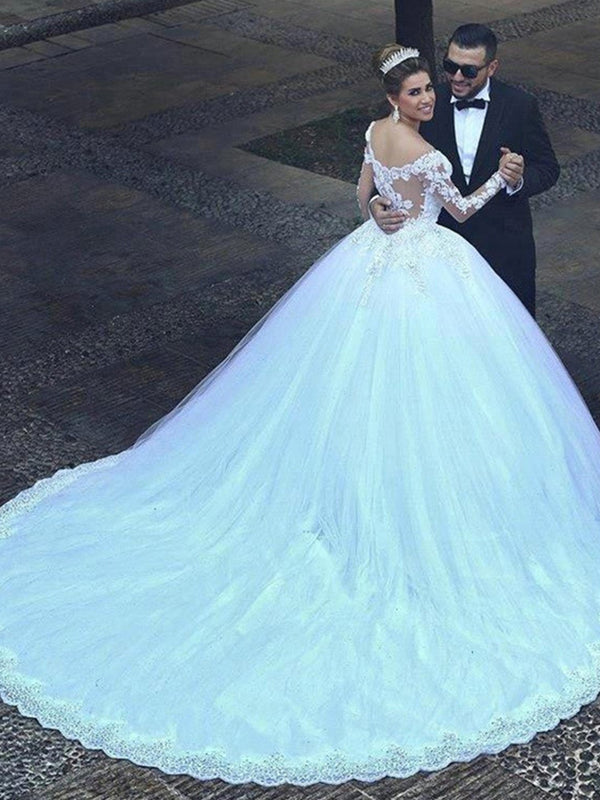 Off The Shoulder Long Sleeve Lace Appliques Ball Gown Wedding Dress with Cathedral Train