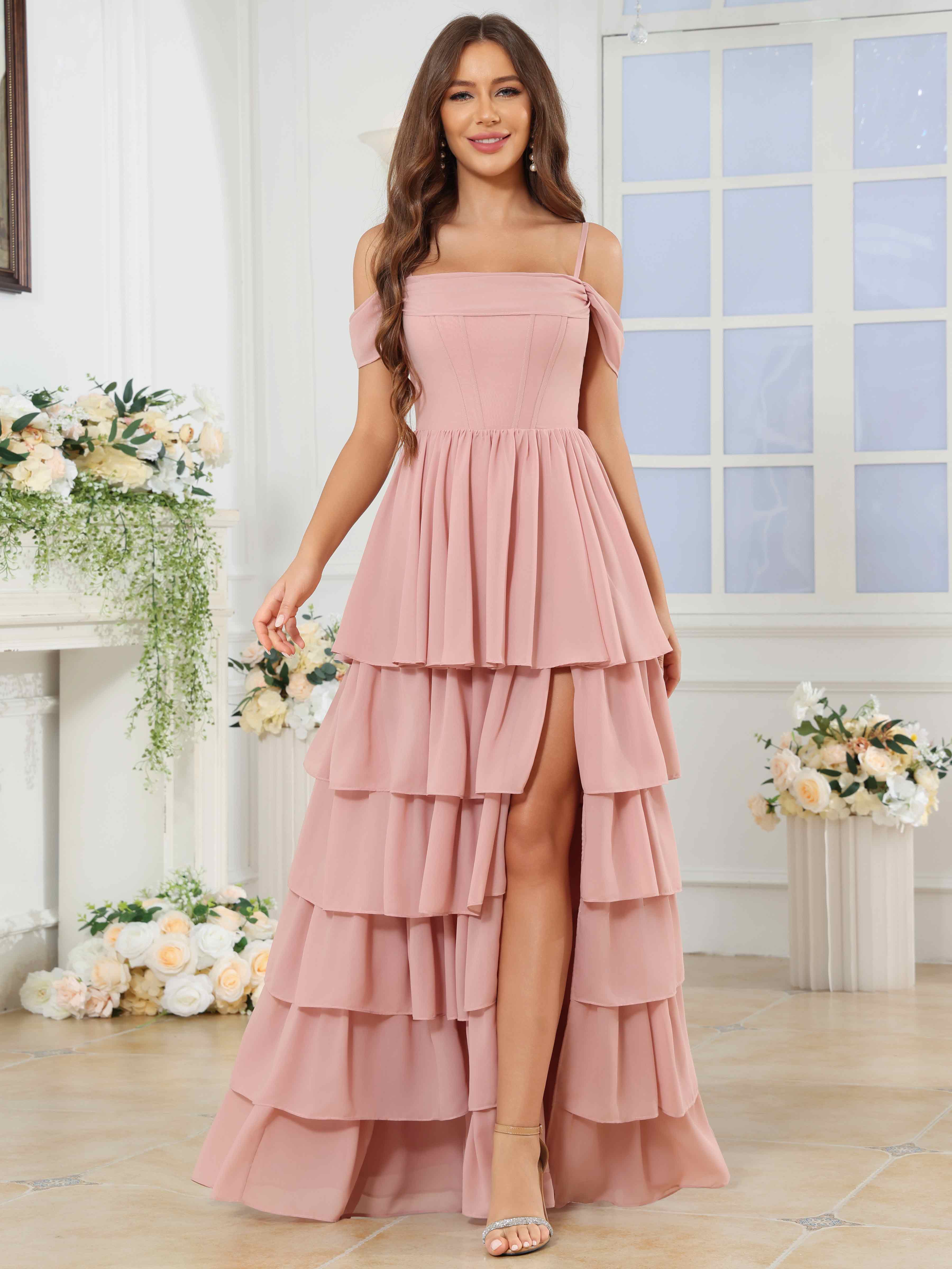 ROVDESY A-Line Off The Shoulder Tiered Chiffon Bridesmaid/Prom Dress With Slit