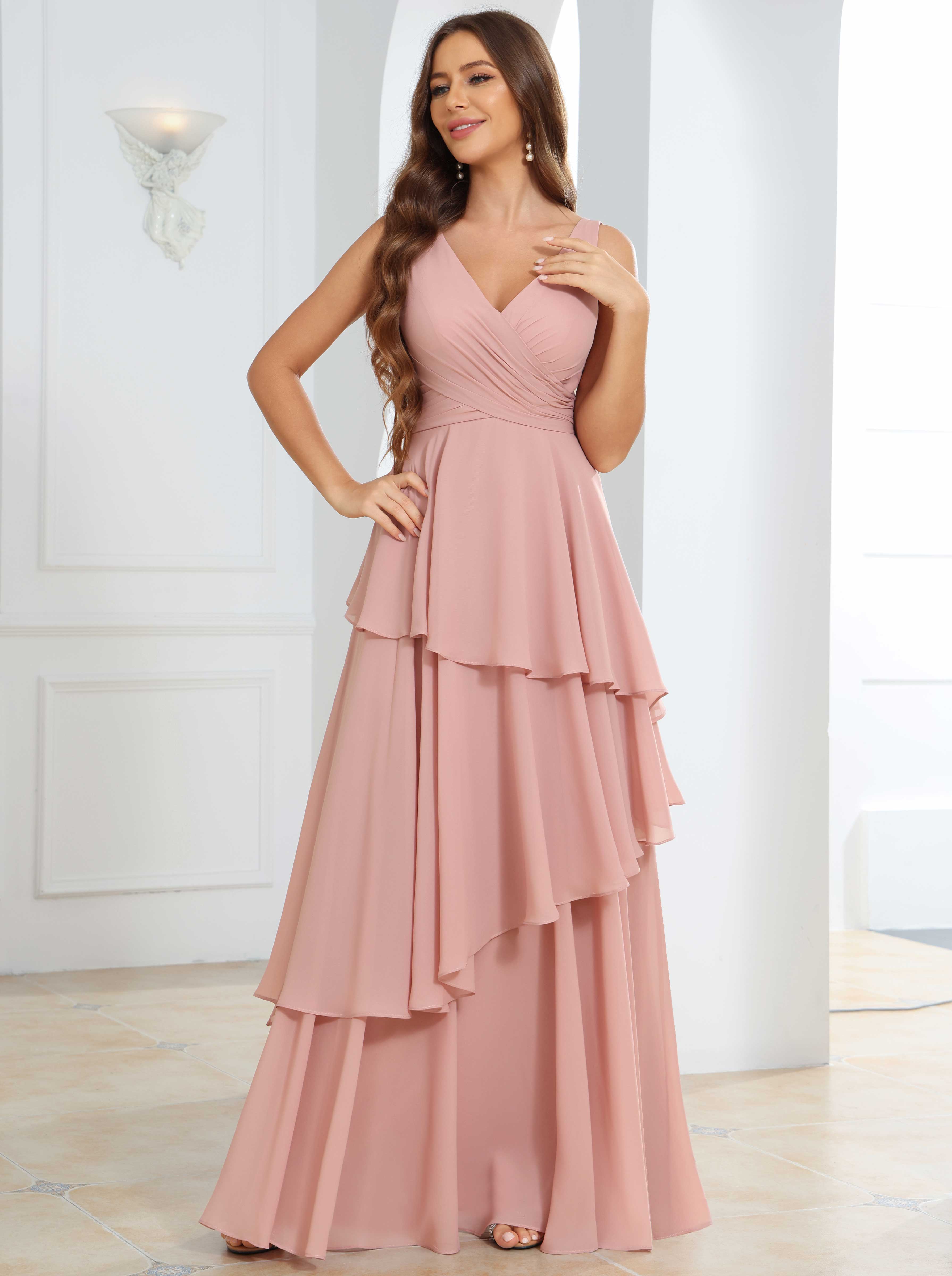 ROVDESY Long Sleeveless V-Neck Tiered Pleated Chiffon Bridesmaid Dress