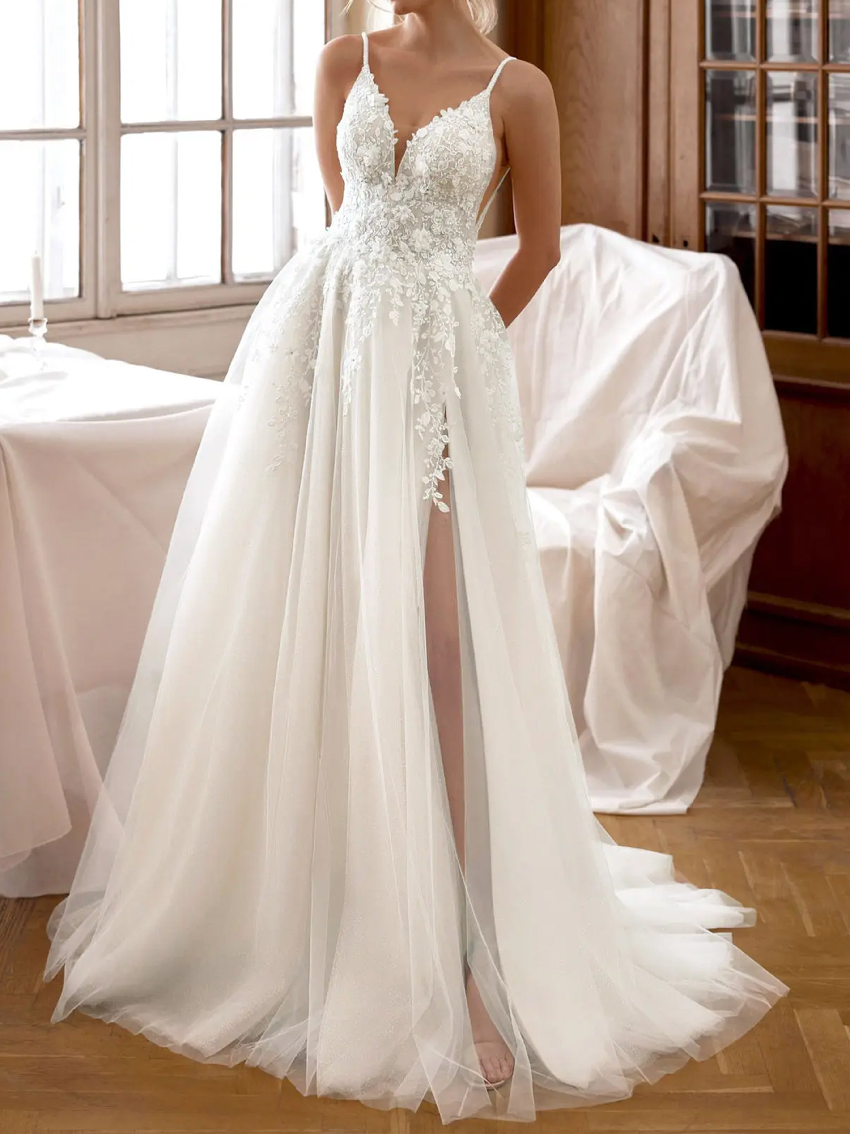 ROVDESY  Spaghetti Strap Deep V Neck Lace A-Line Wedding Dress Bridal Gown With Slit