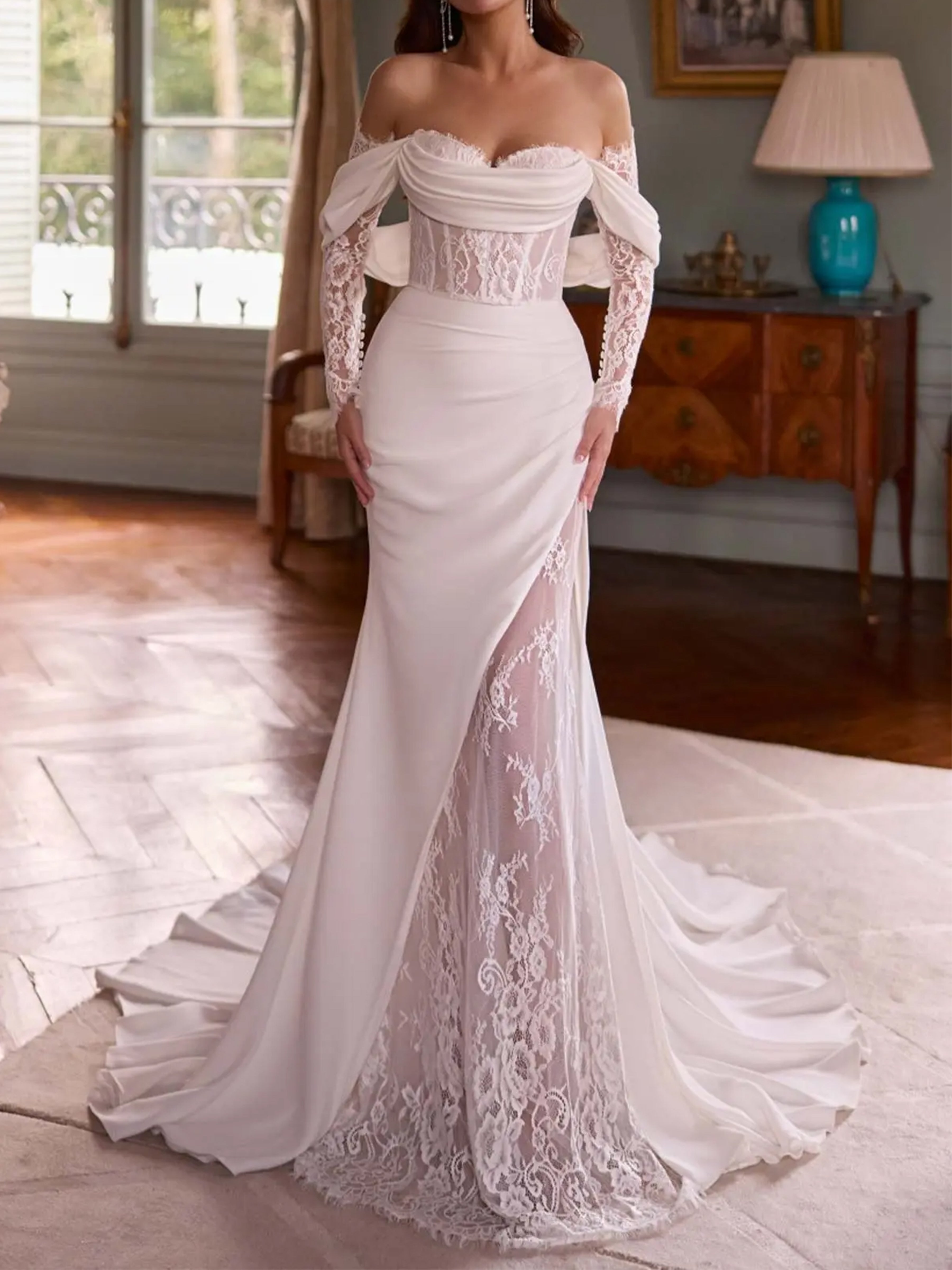 ROVDESY Off The Shoulder Long Sleeve Lace Mermaid Wedding Dress Bridal Gown With Slit