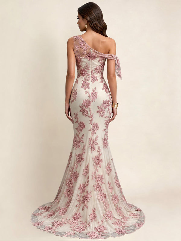 One Shoulder Floral Tulle Mermaid Formal Prom Dress with Slit