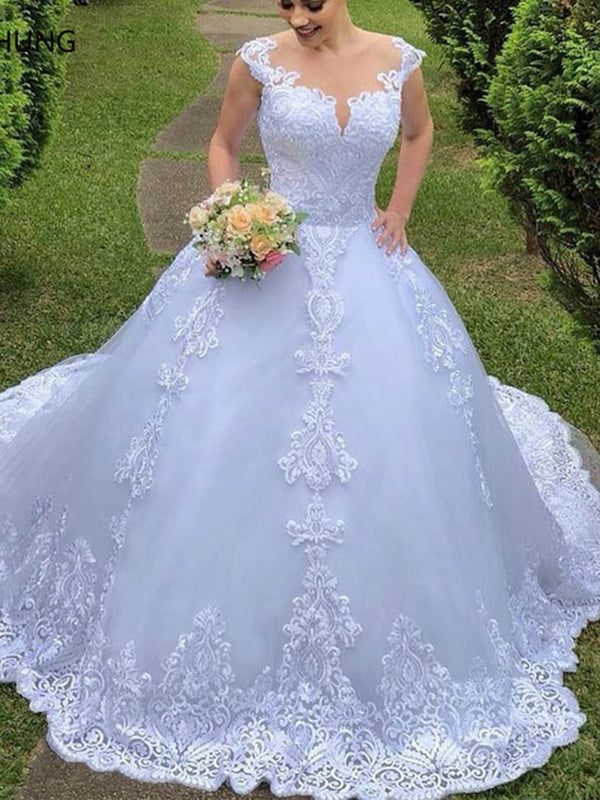 Cap Sleeve Illusion Lace Applique Ball Gown Wedding Dress for Bride