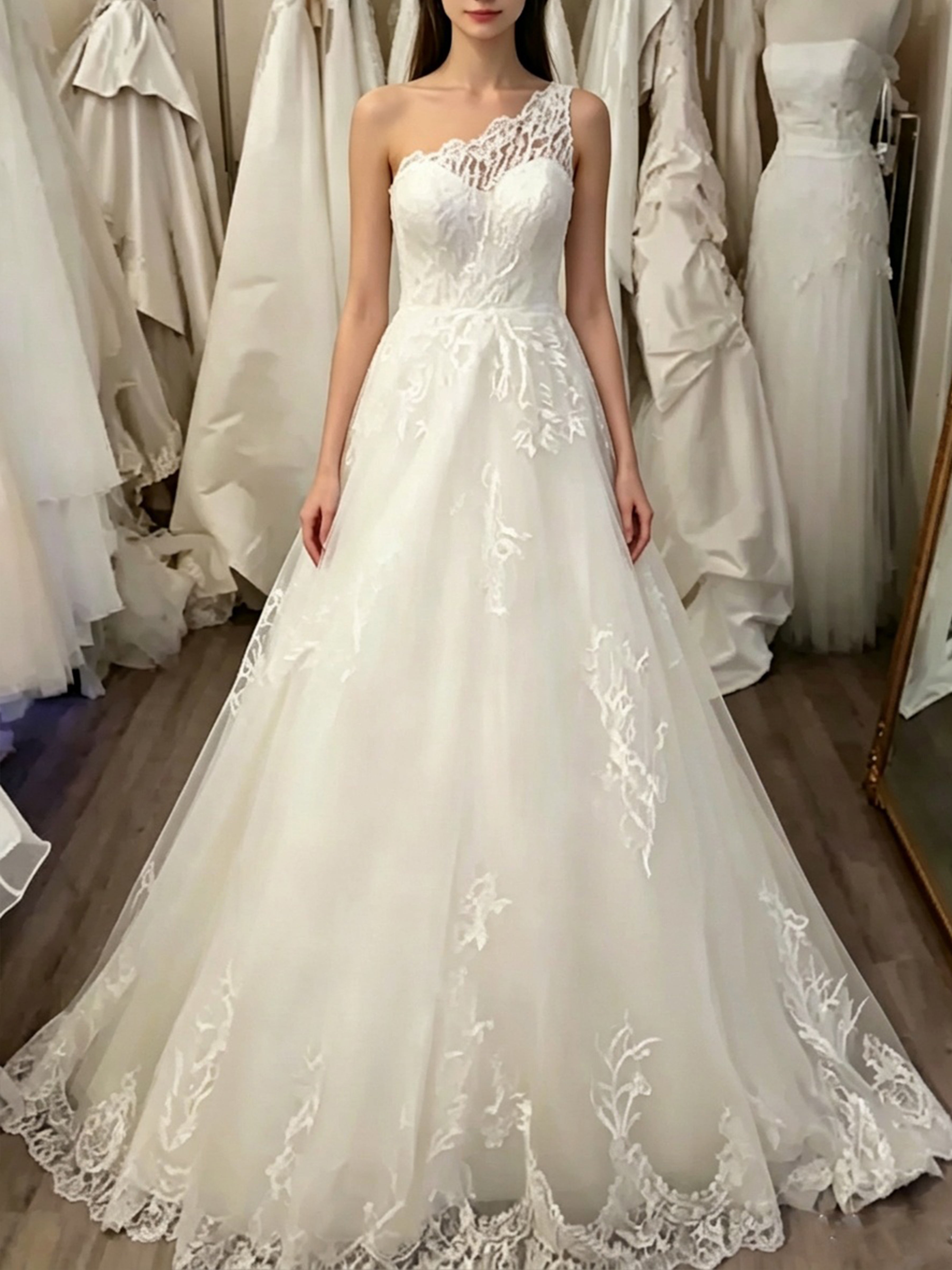 ROVDESY  One Shoulder Lace A-Line Tulle Wedding Dress Bridal Gown