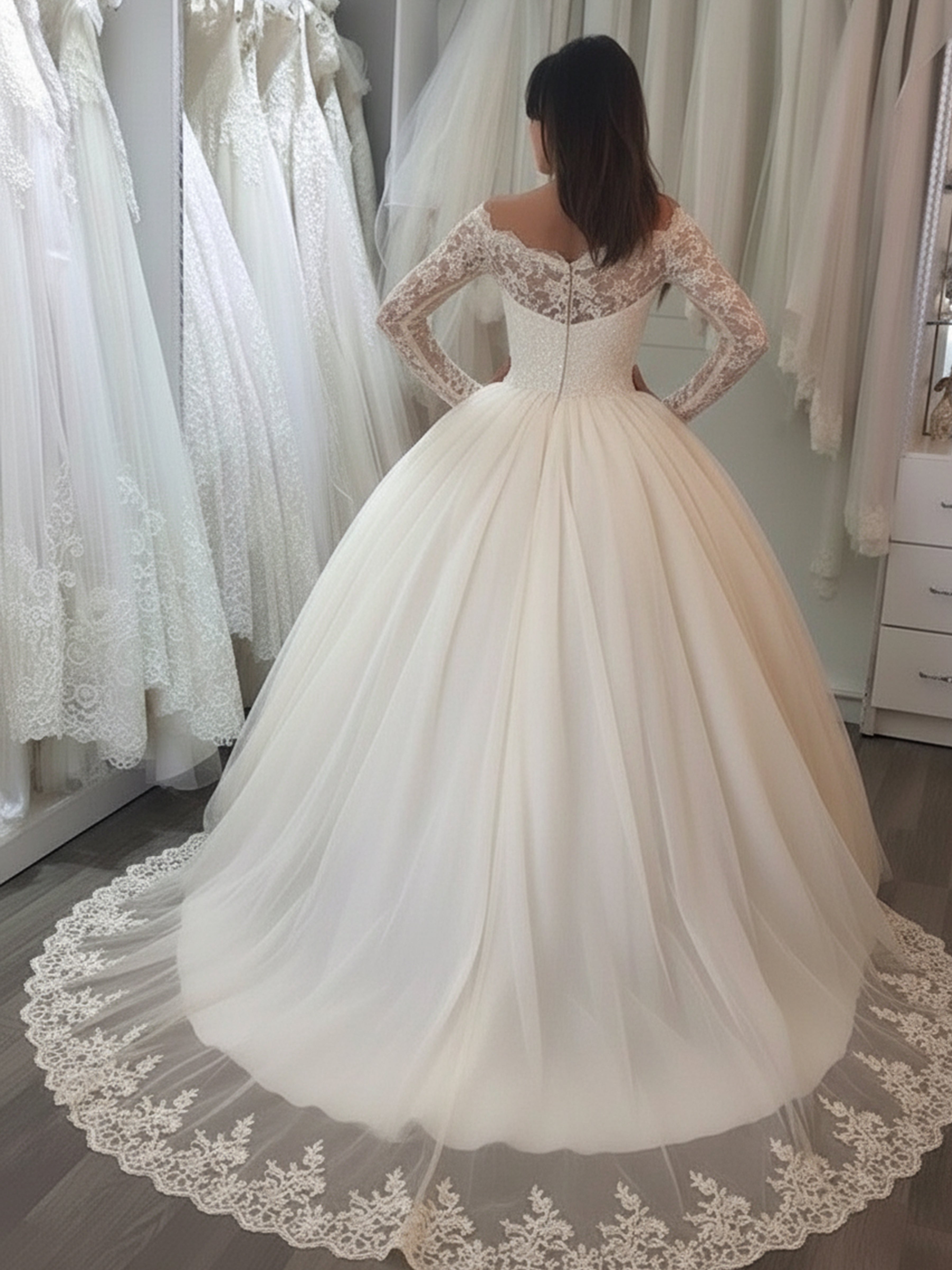 ROVDESY Off The Shoulder Long Sleeve Lace Ball Gown Wedding Dress Bridal Gown