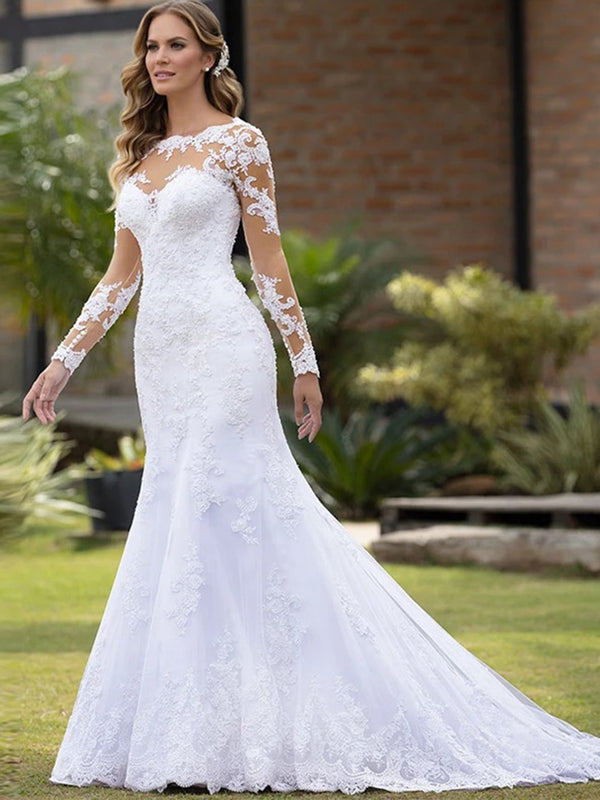 Long Sleeve Illusion Neck Lace Mermaid Wedding Dress with Sweep Train