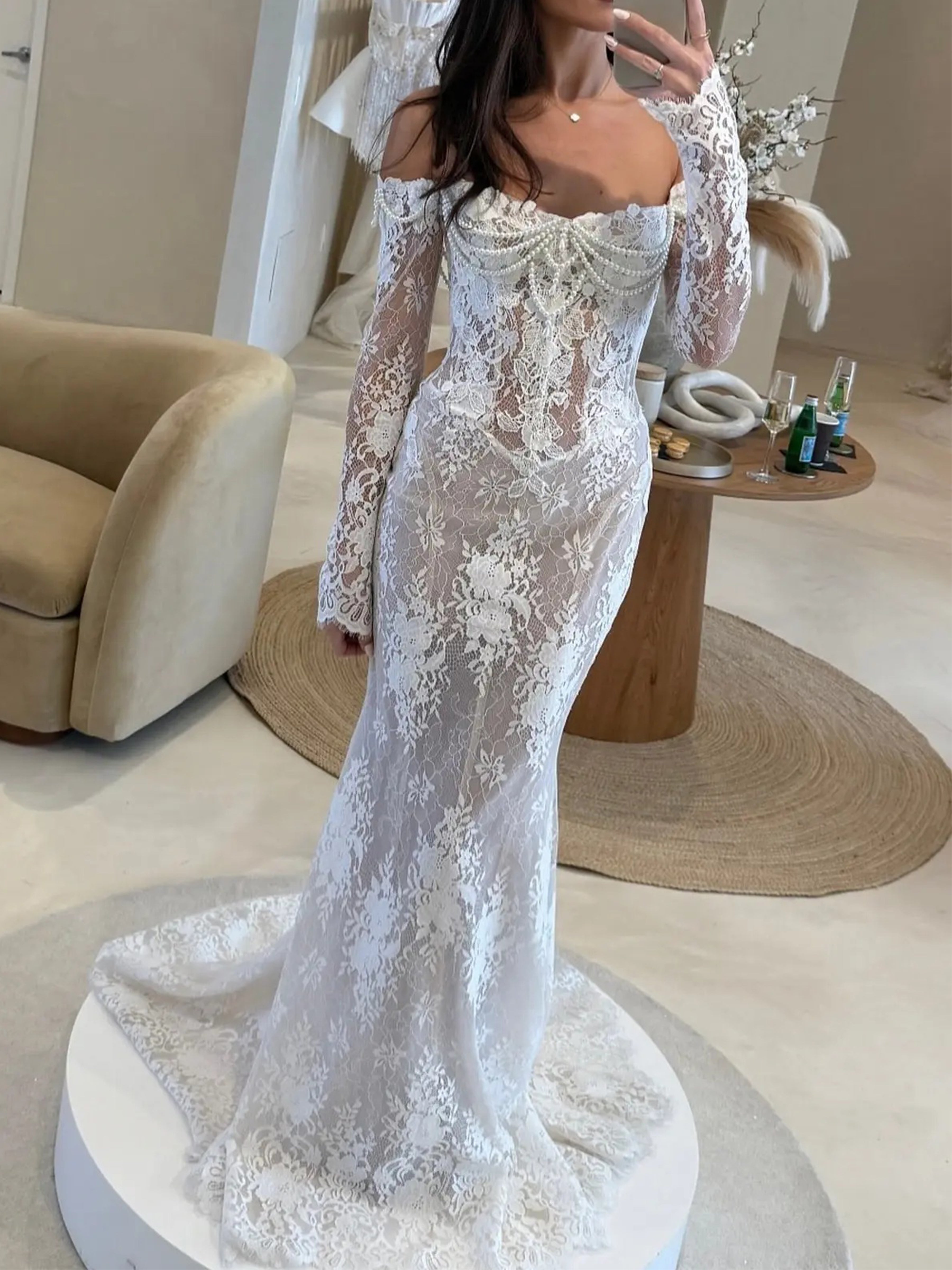 ROVDESY  Off The Shoulder Long Sleeve Floral Lace Mermaid Wedding Dress Bridal Gown