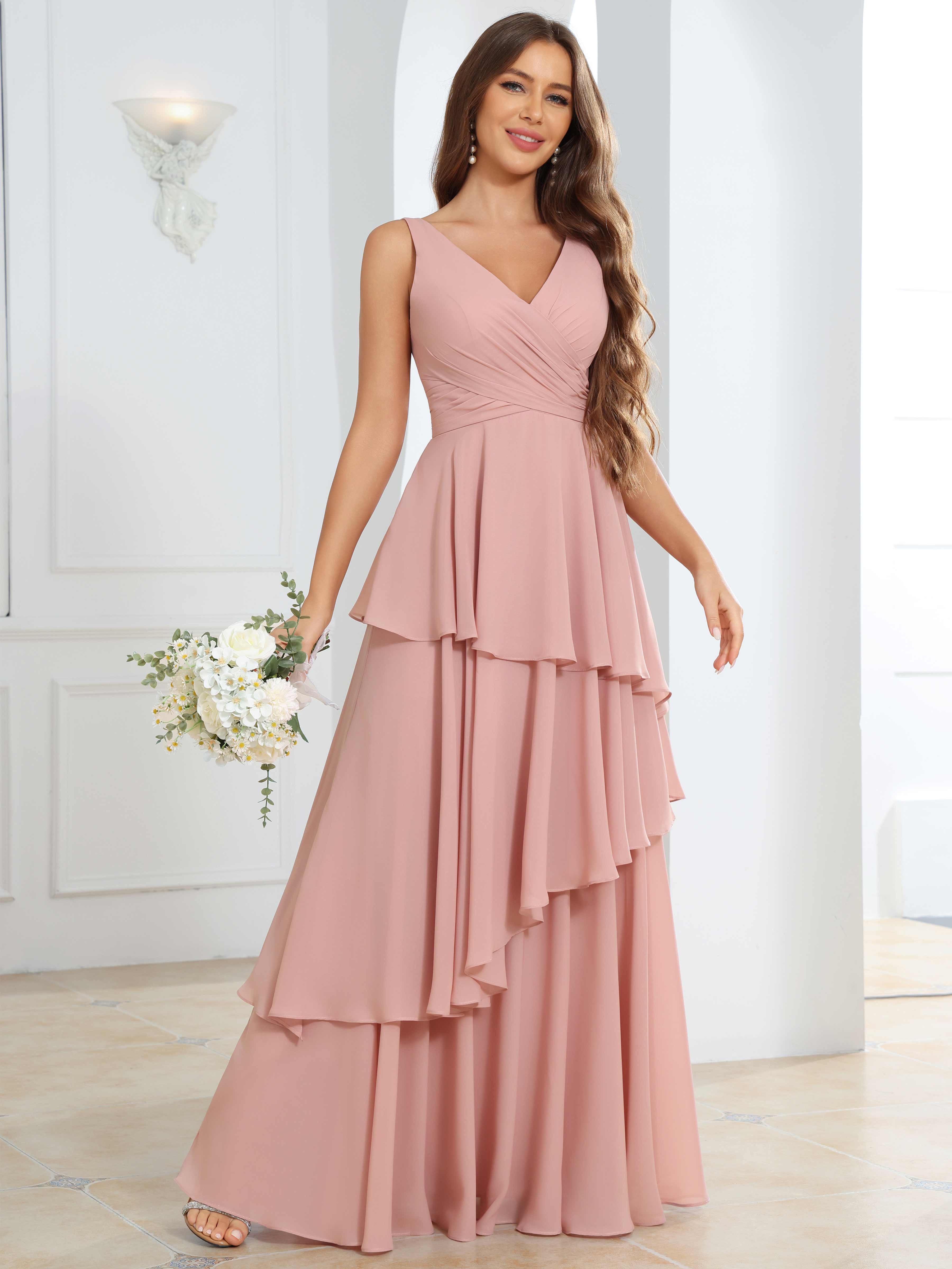 ROVDESY Long Sleeveless V-Neck Tiered Pleated Chiffon Bridesmaid Dress