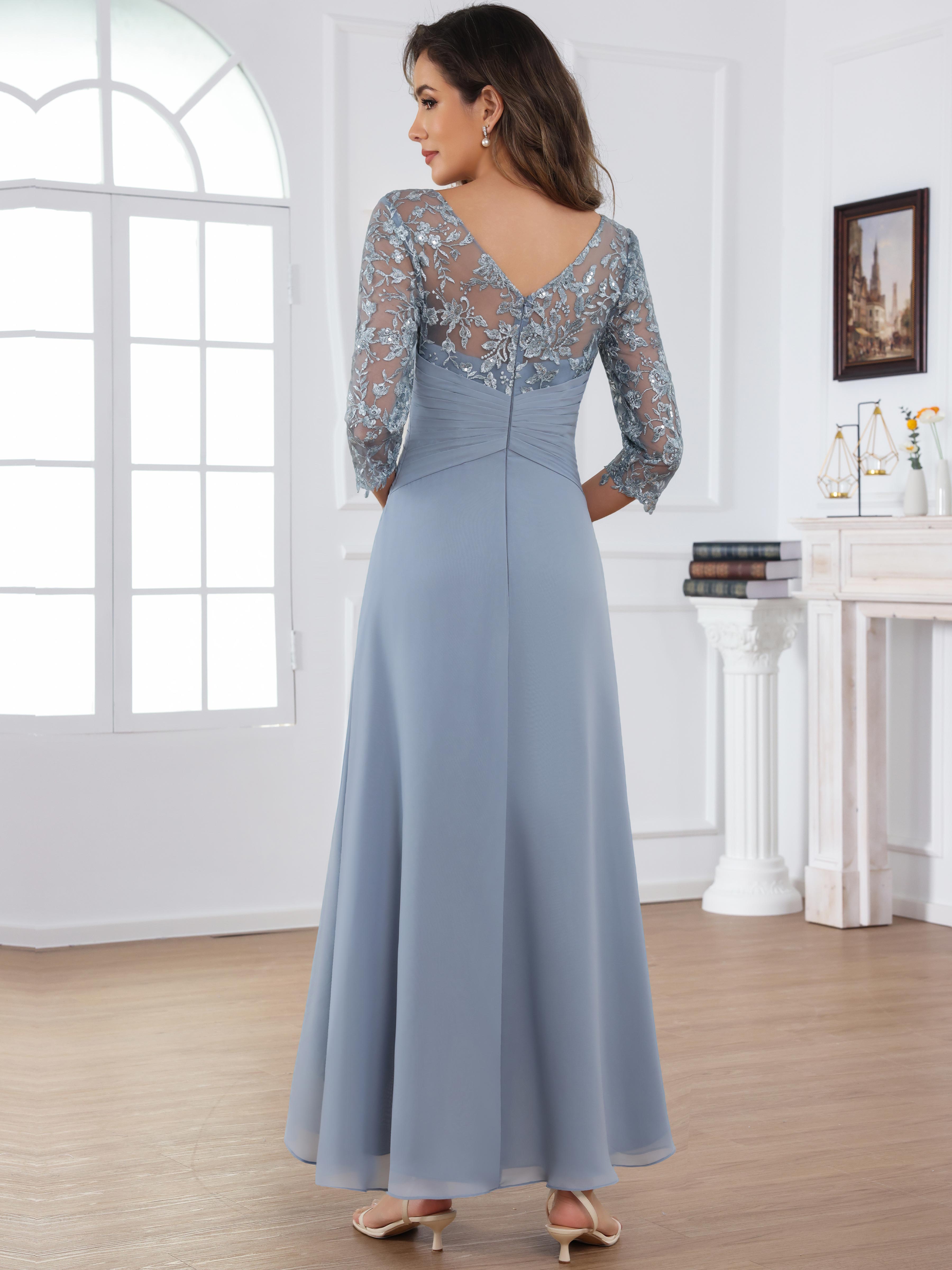 ROVDESY Tea Length Lace Chiffon Mother of The Bride Dress with 3/4 Sleeves