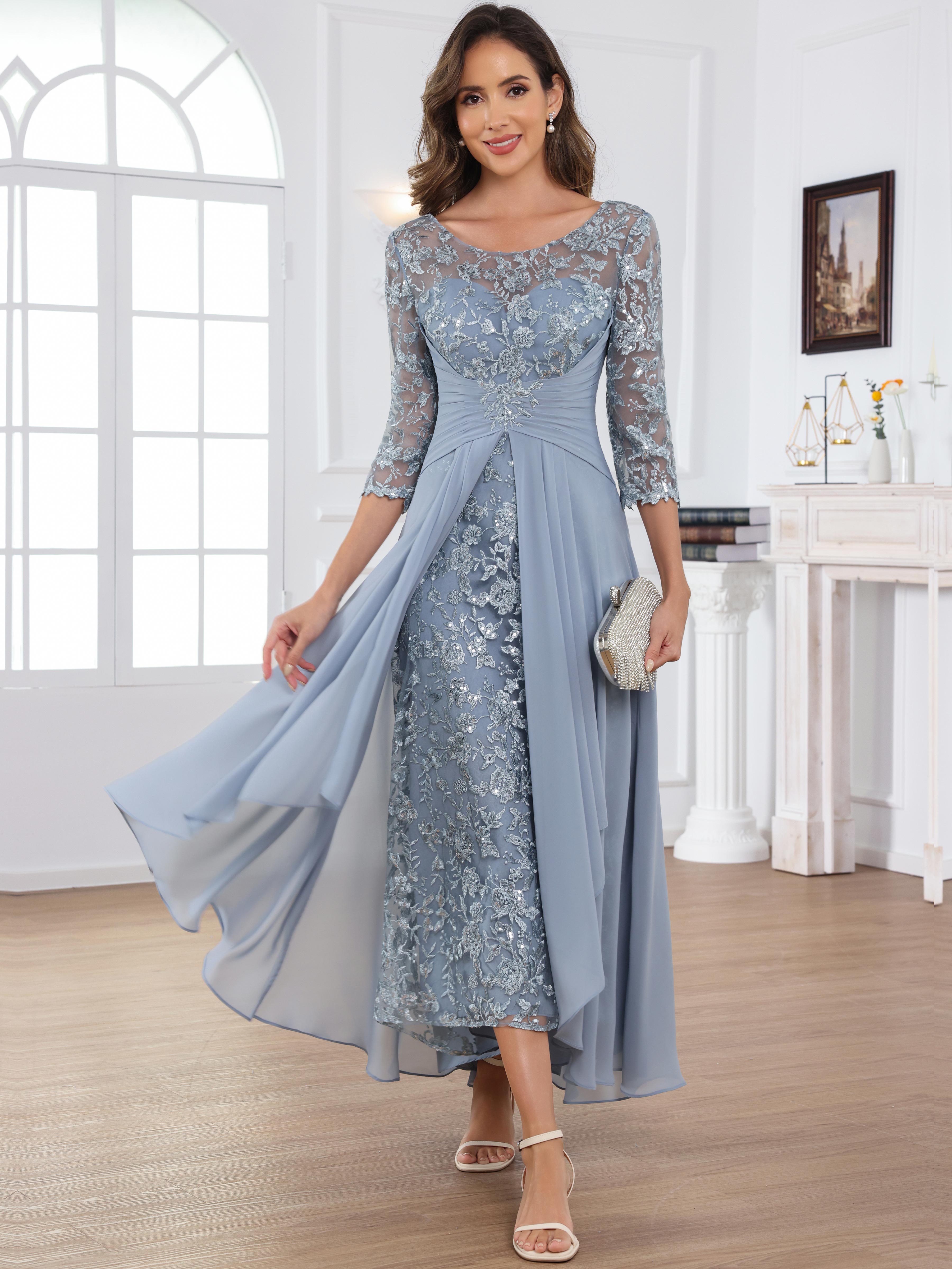 ROVDESY Tea Length Lace Chiffon Mother of The Bride Dress with 3/4 Sleeves