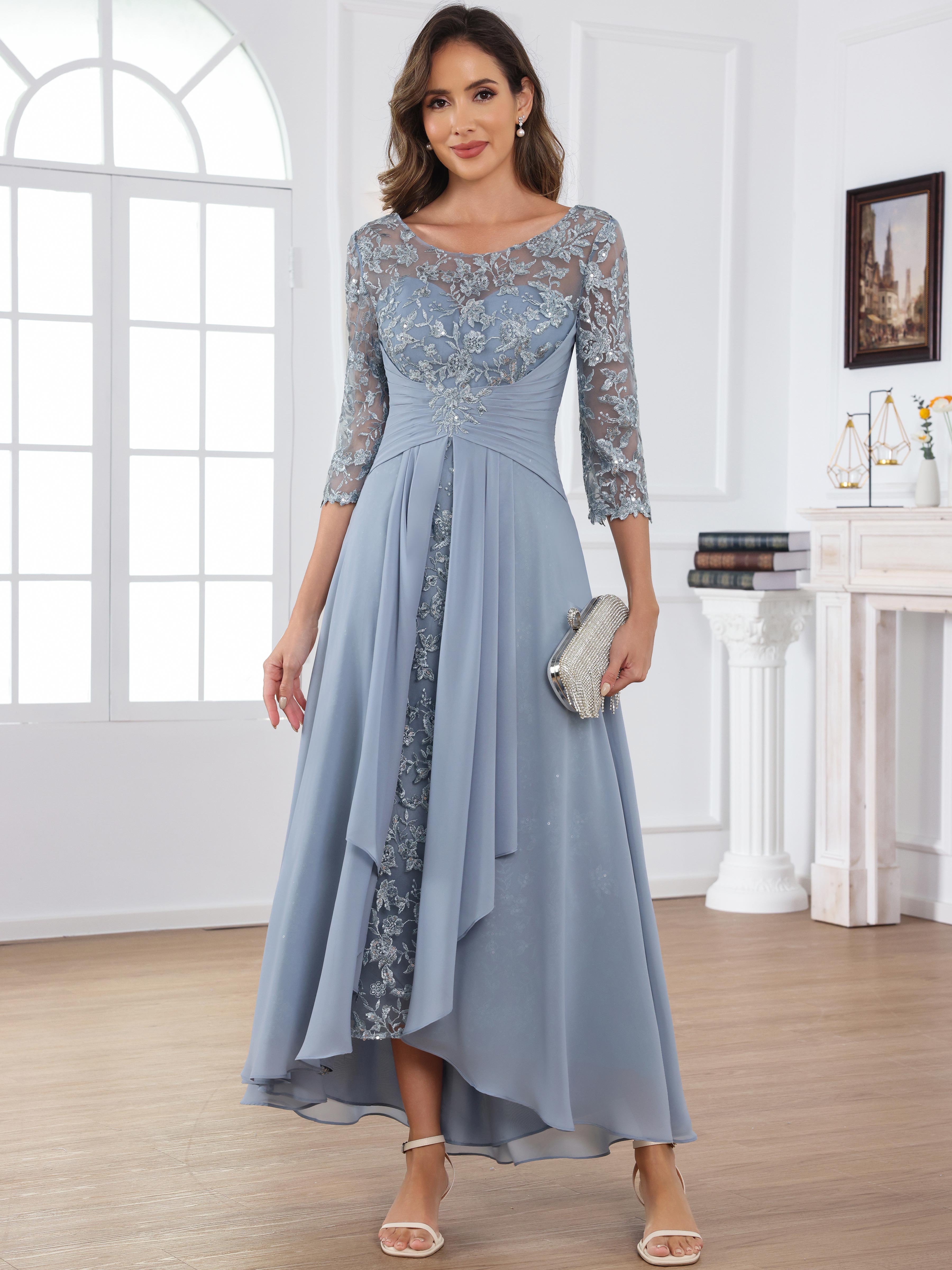 ROVDESY Tea Length Lace Chiffon Mother of The Bride Dress with 3/4 Sleeves
