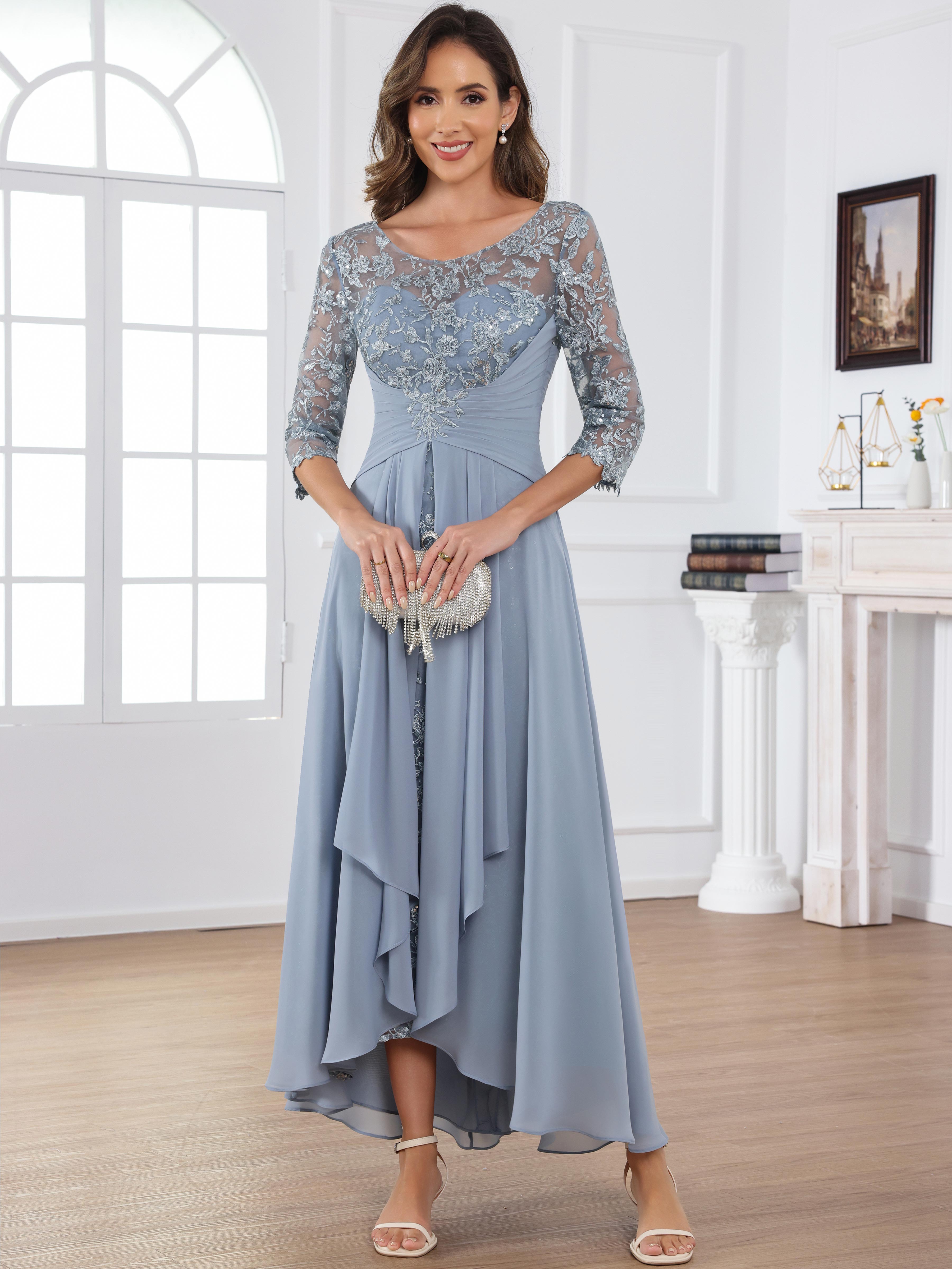 ROVDESY Tea Length Lace Chiffon Mother of The Bride Dress with 3/4 Sleeves