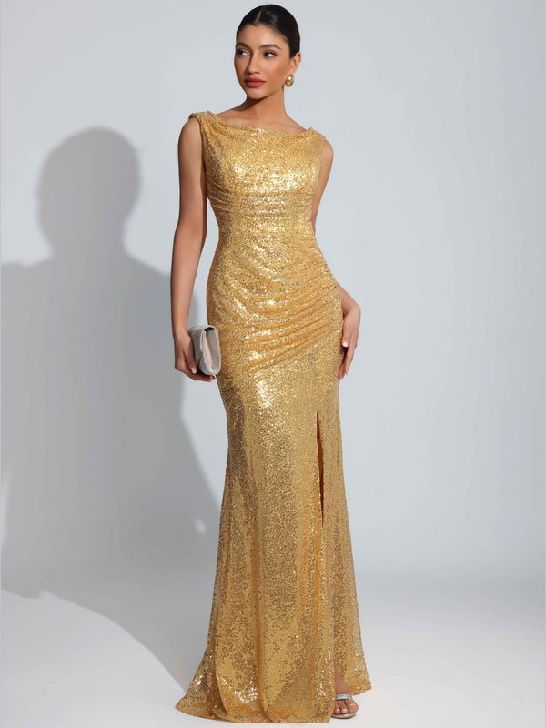 Sparkly Bateau Mermaid Ruched Sequin Long Formal Dress with Slit