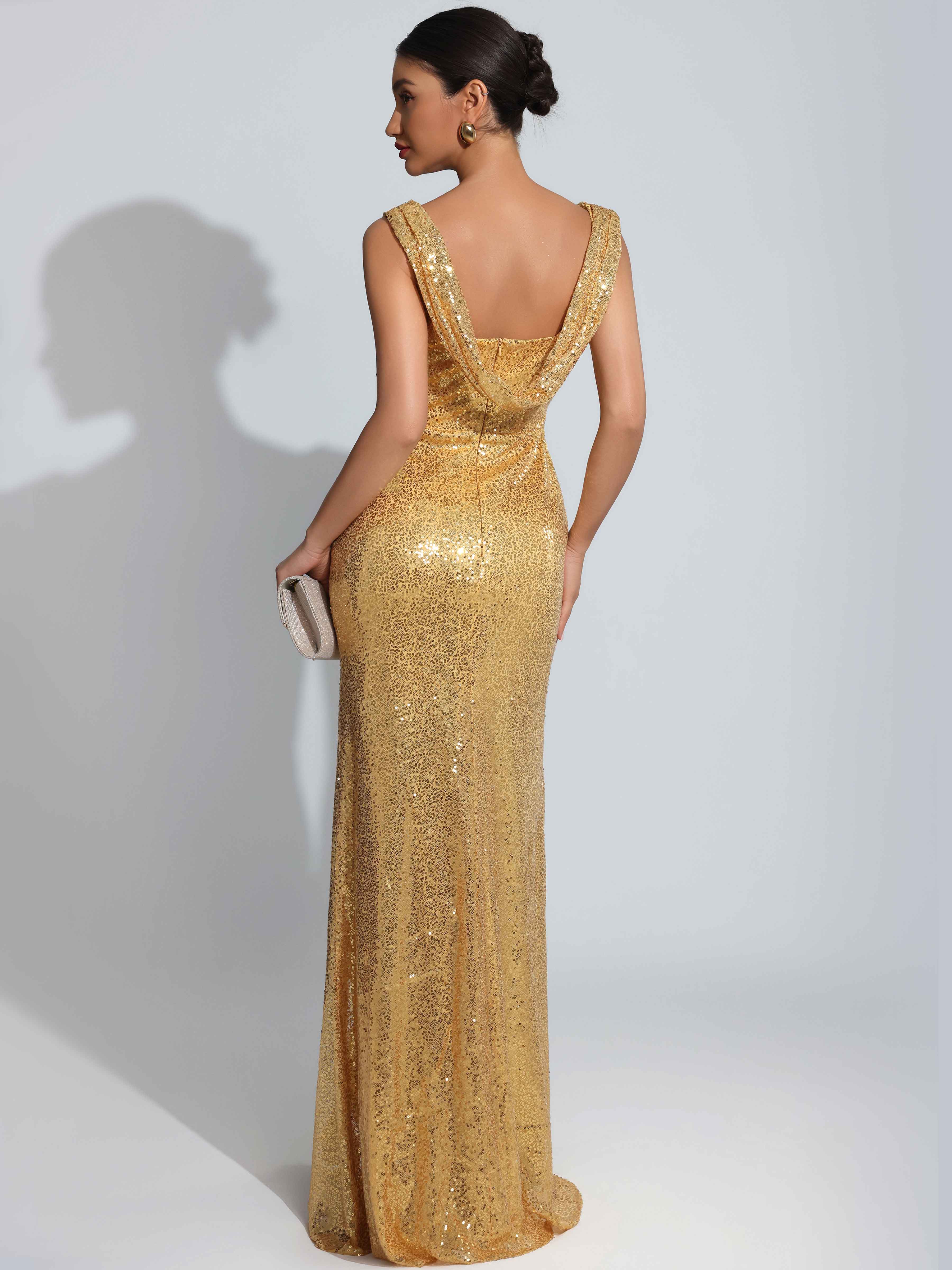 ROVDESY Sparkly Bateau Mermaid Ruched Sequin Long Prom Dress with Slit