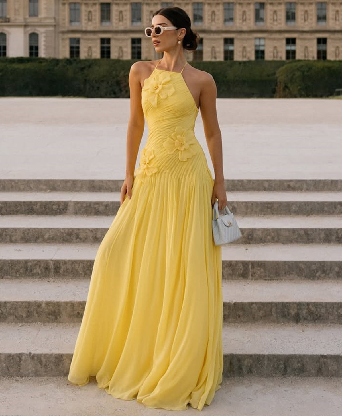 Halter Long Pleated Chiffon Prom Dress with 3D Flower