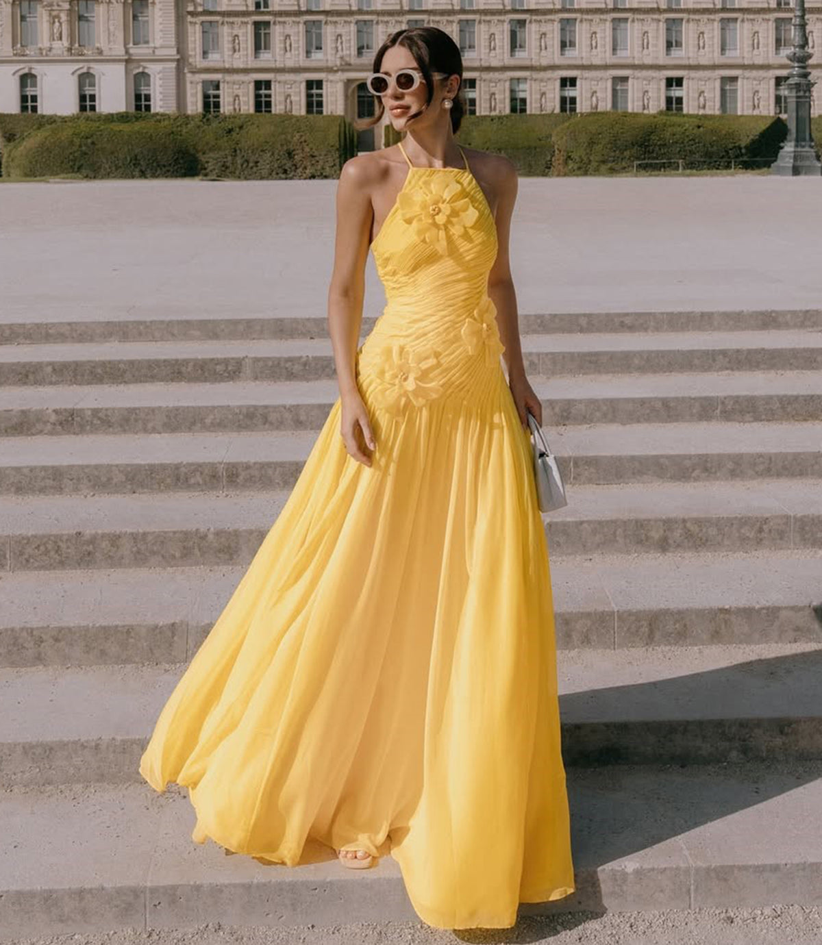 Halter Long Pleated Chiffon Prom Dress with 3D Flower