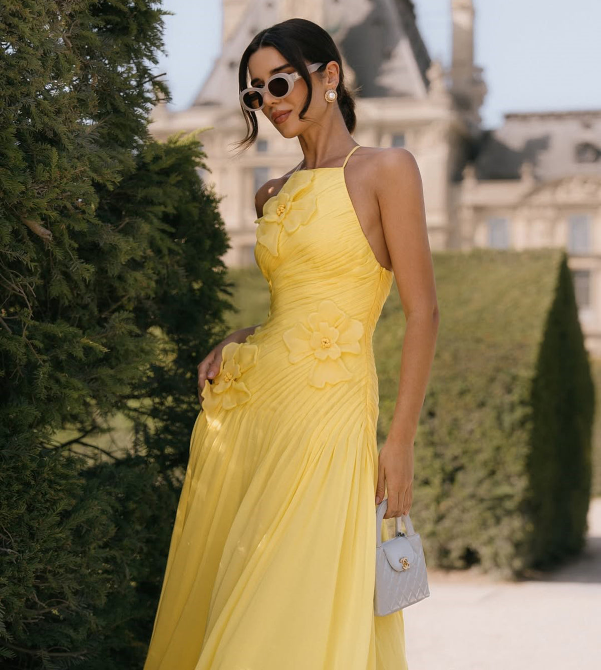 Halter Long Pleated Chiffon Prom Dress with 3D Flower