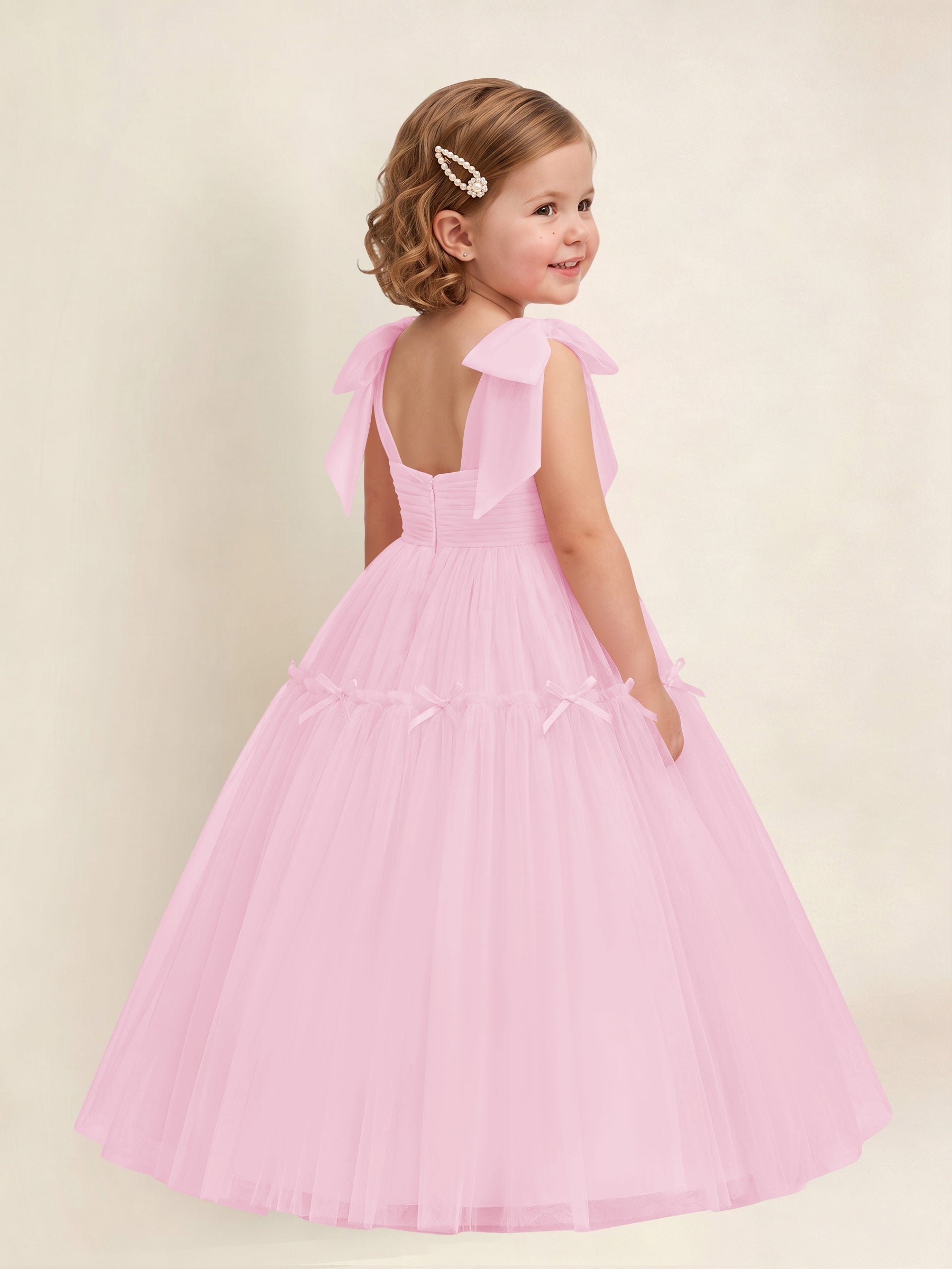 ROVDESY A-Line Tulle Flower Girl Dress With Bow Long Ball Gown Dress
