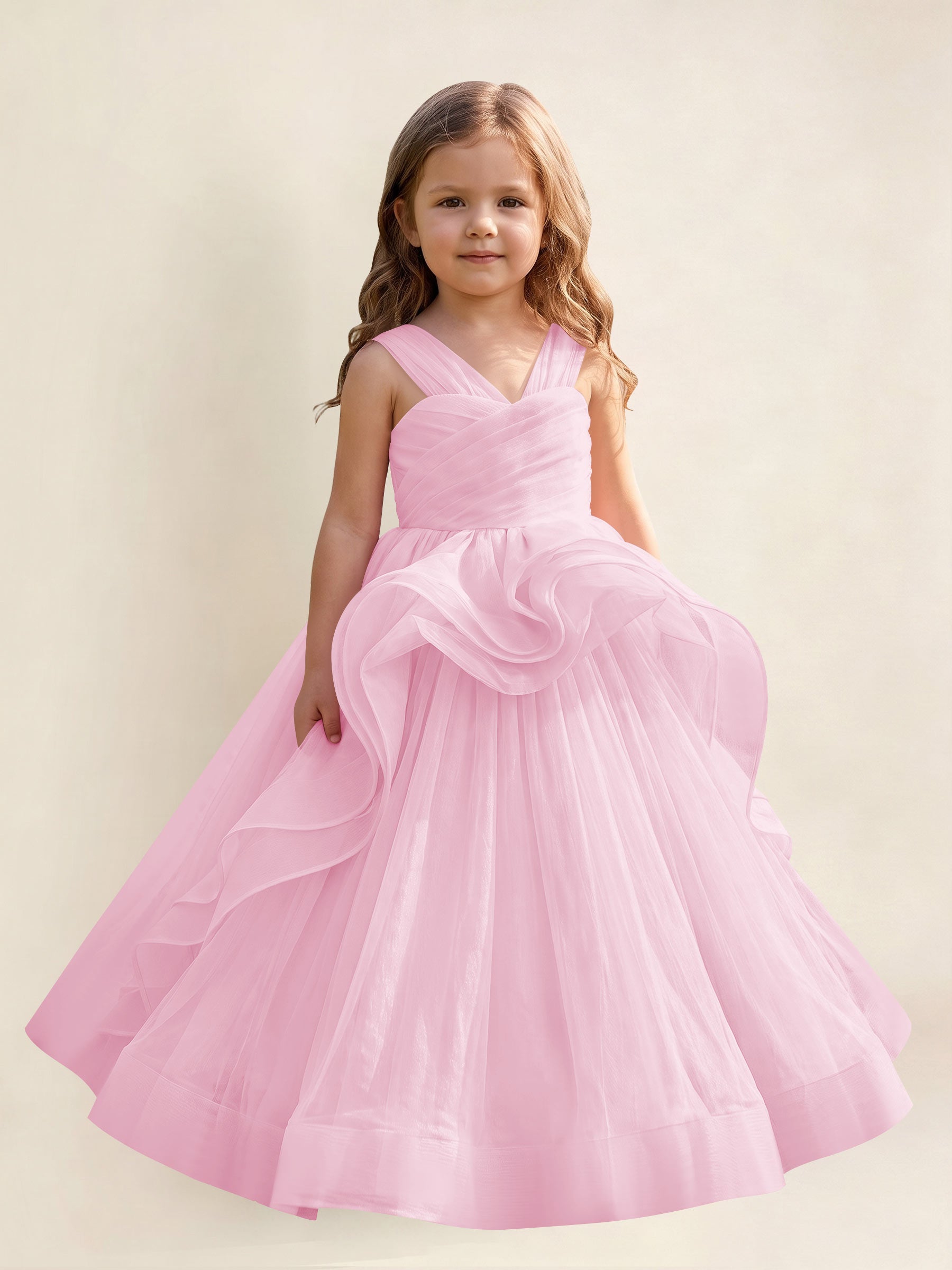 ROVDESY A-Line V-Neck Tulle Flower Girl Dress With Sleeveless Long Ball Gown Dress