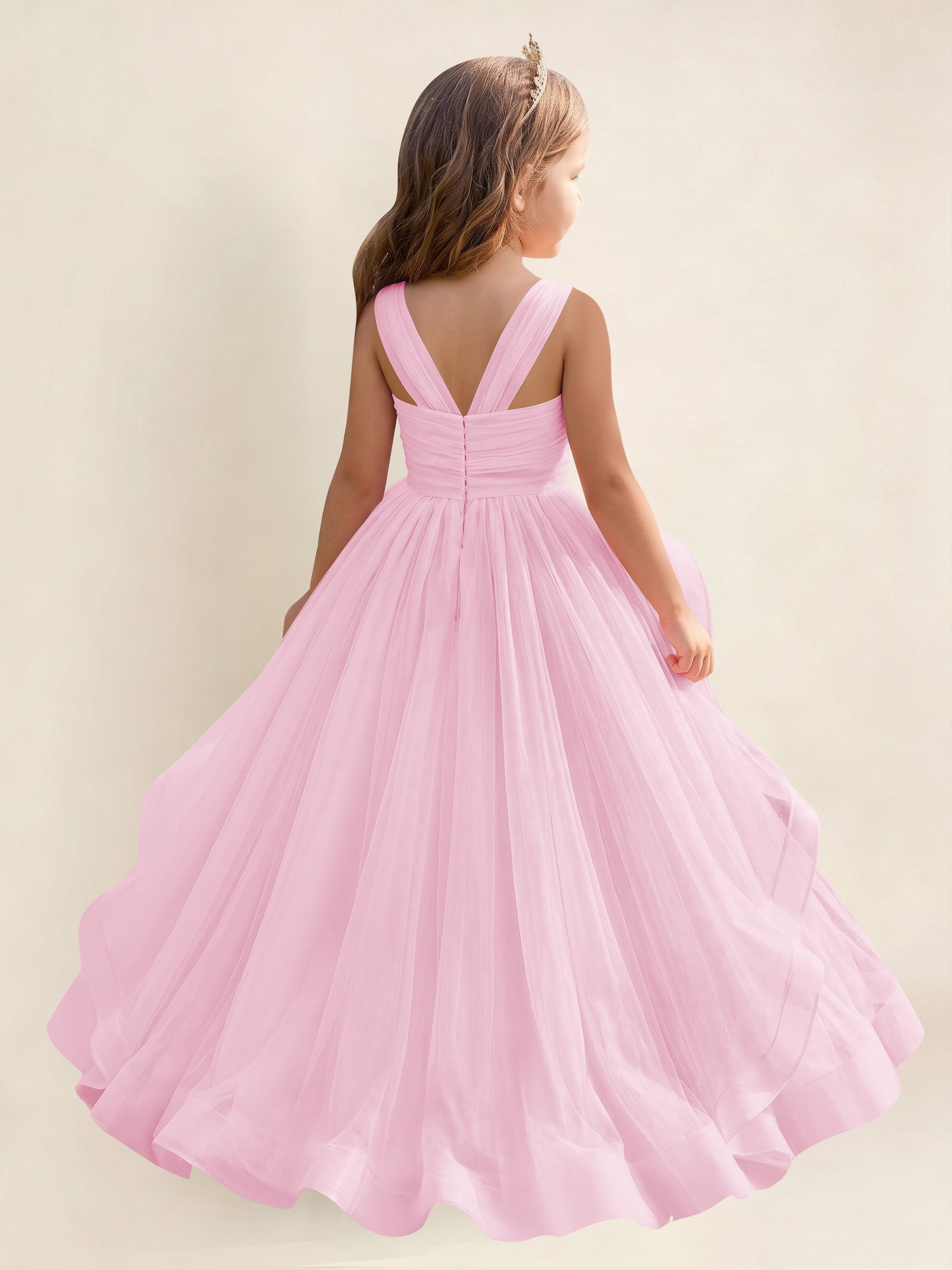 ROVDESY A-Line V-Neck Tulle Flower Girl Dress With Sleeveless Long Ball Gown Dress