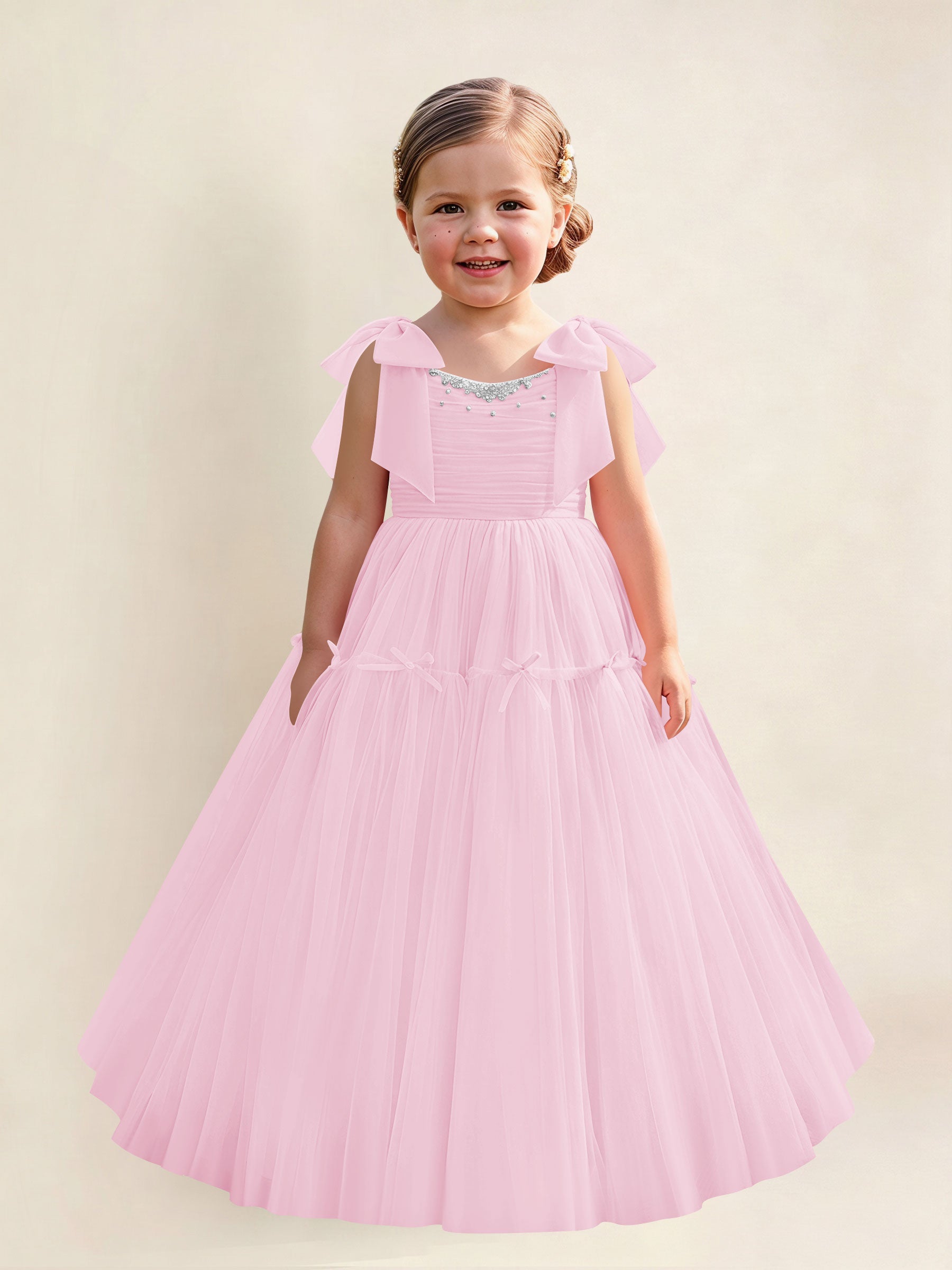 ROVDESY A-Line Tulle Flower Girl Dress With Bow Long Ball Gown Dress
