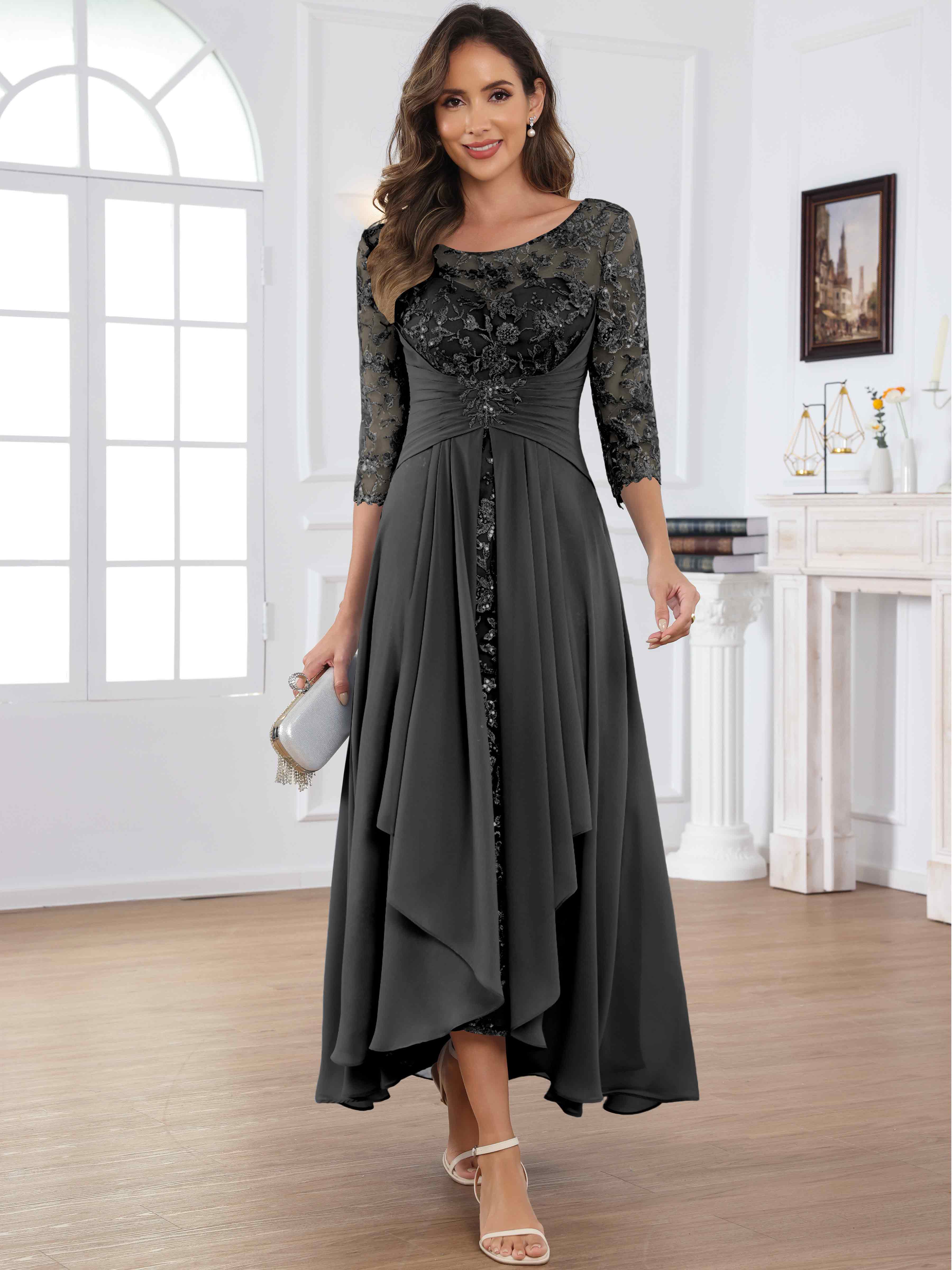 ROVDESY Tea Length Lace Chiffon Mother of The Bride Dress with 3/4 Sleeves