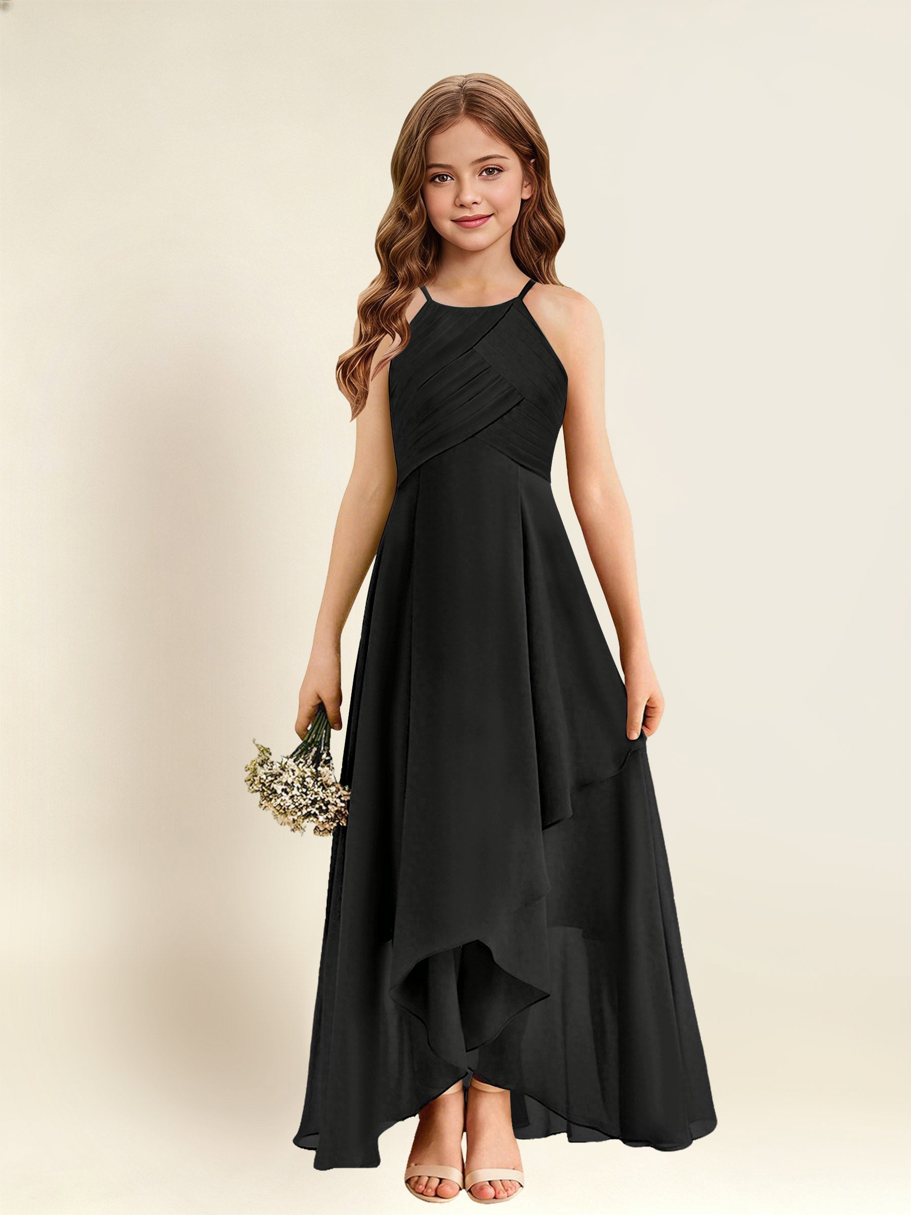 ROVDESY A-Line Halter Pleated Chiffon Junior Bridesmaid Dress