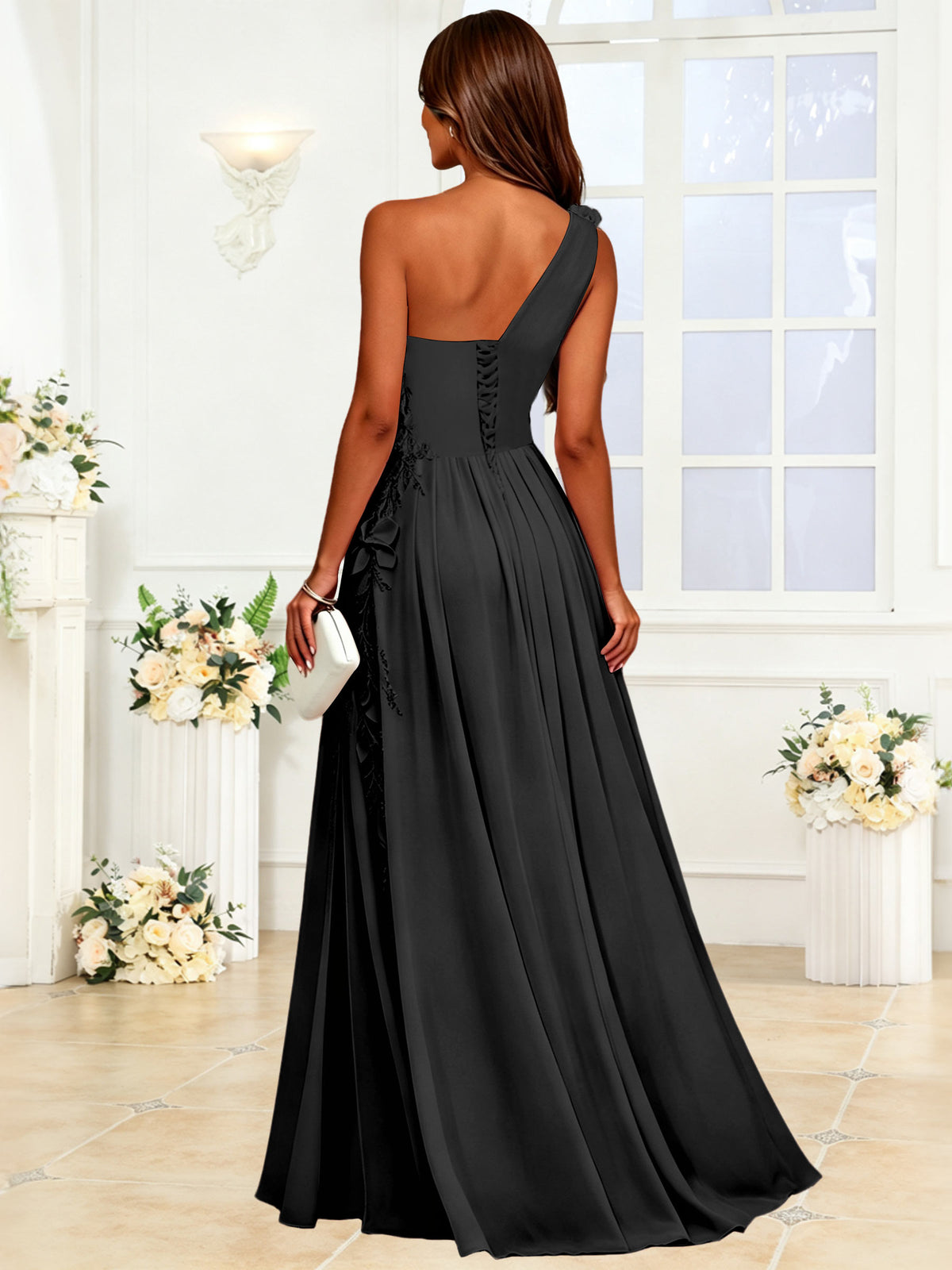 One Shoulder 3D Flower Chiffon Bridesmaid Dress with Slit