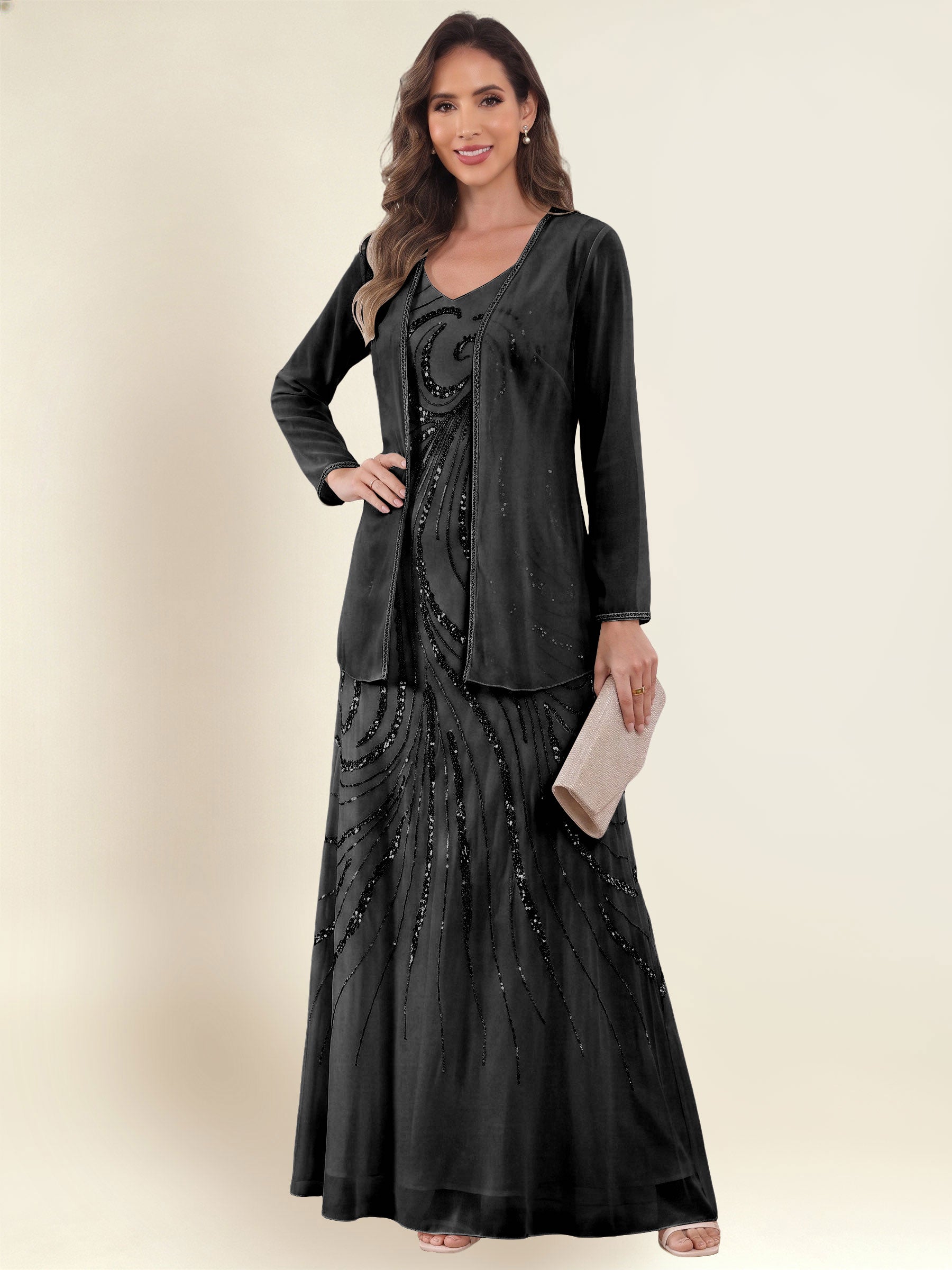 ROVDESY 2 Pieces V-Neck Sequin Chiffon Long Mother Of The Bride Dress With Long Sleeve Jacket