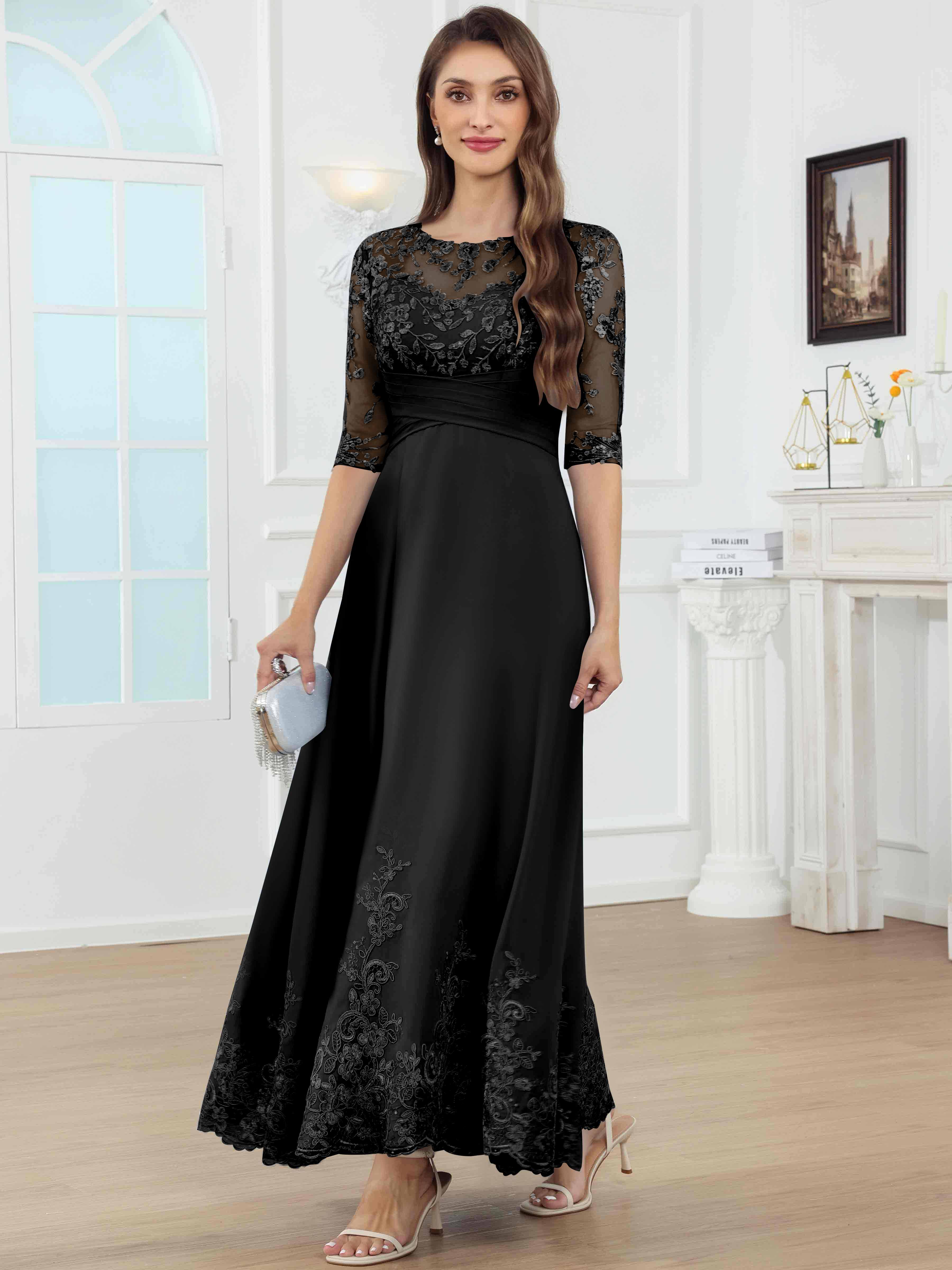 ROVDESY A-Line Lace Sequin Pleated Chiffon Mother Of The Bride Dress With Half Sleeves