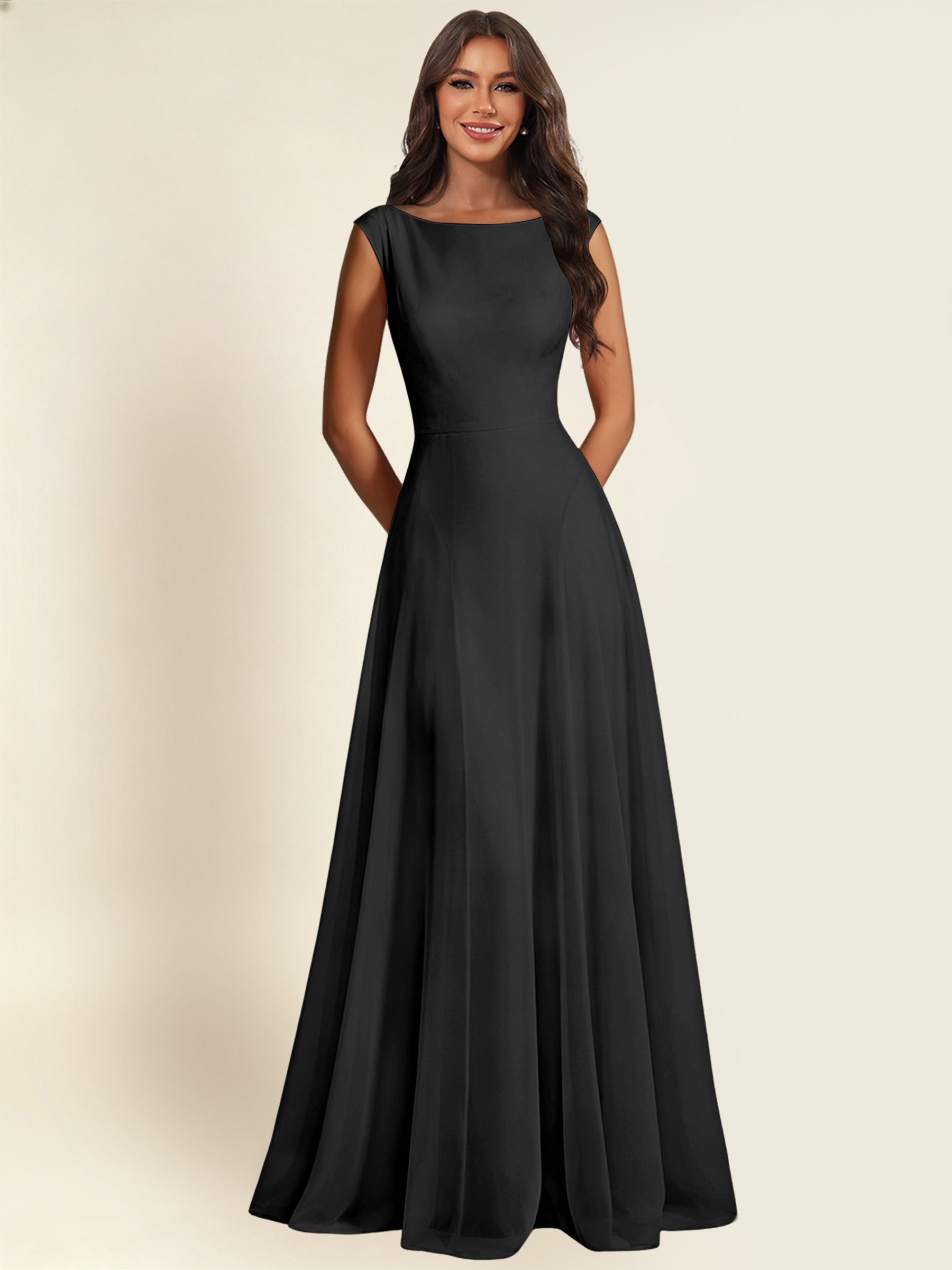 ROVDESY A-Line Chiffon Long Bridesmaid Dress With Sleeveless