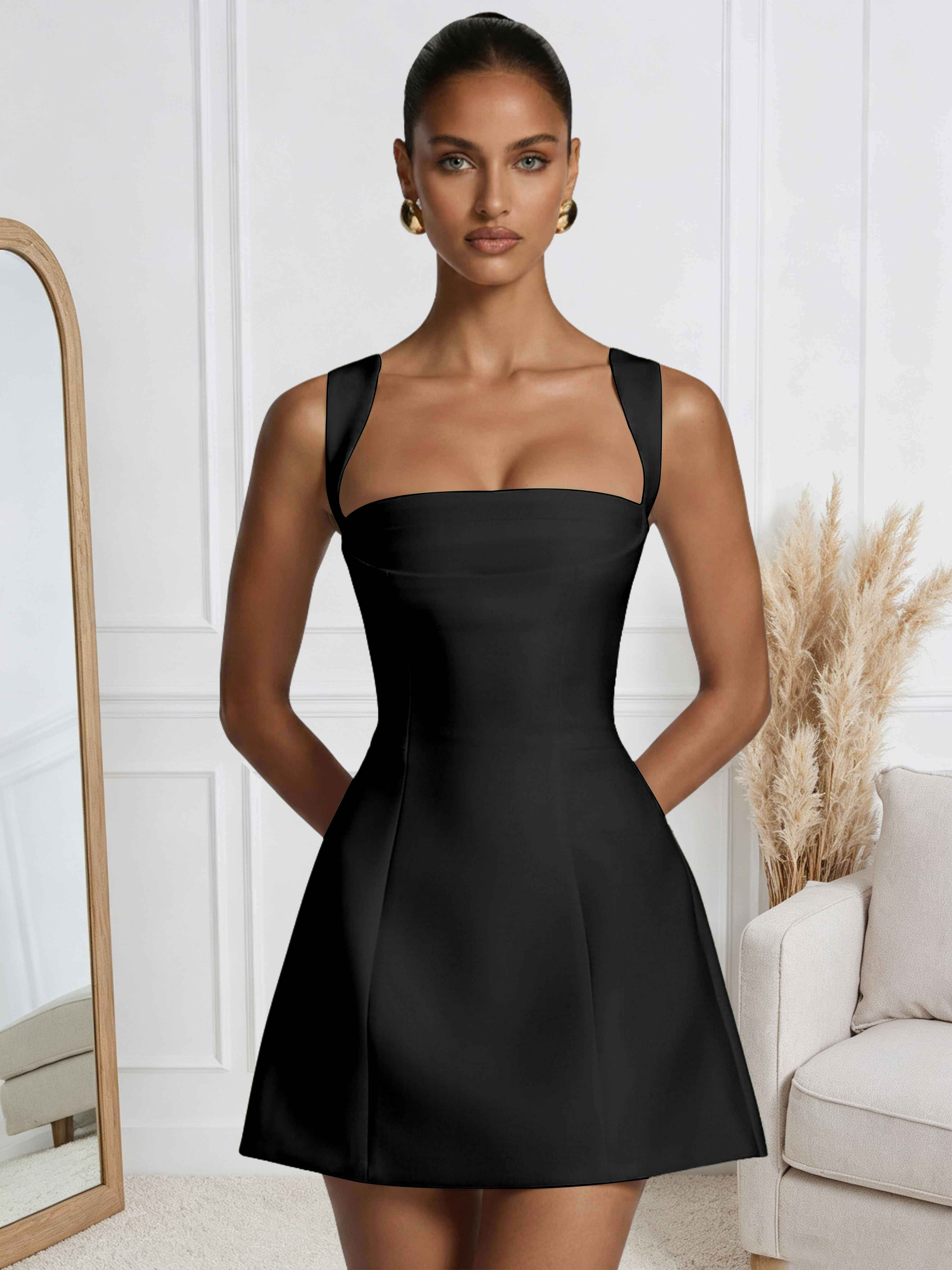 ROVDESY A-Line Square Neck Satin Homecoming Mini Dress