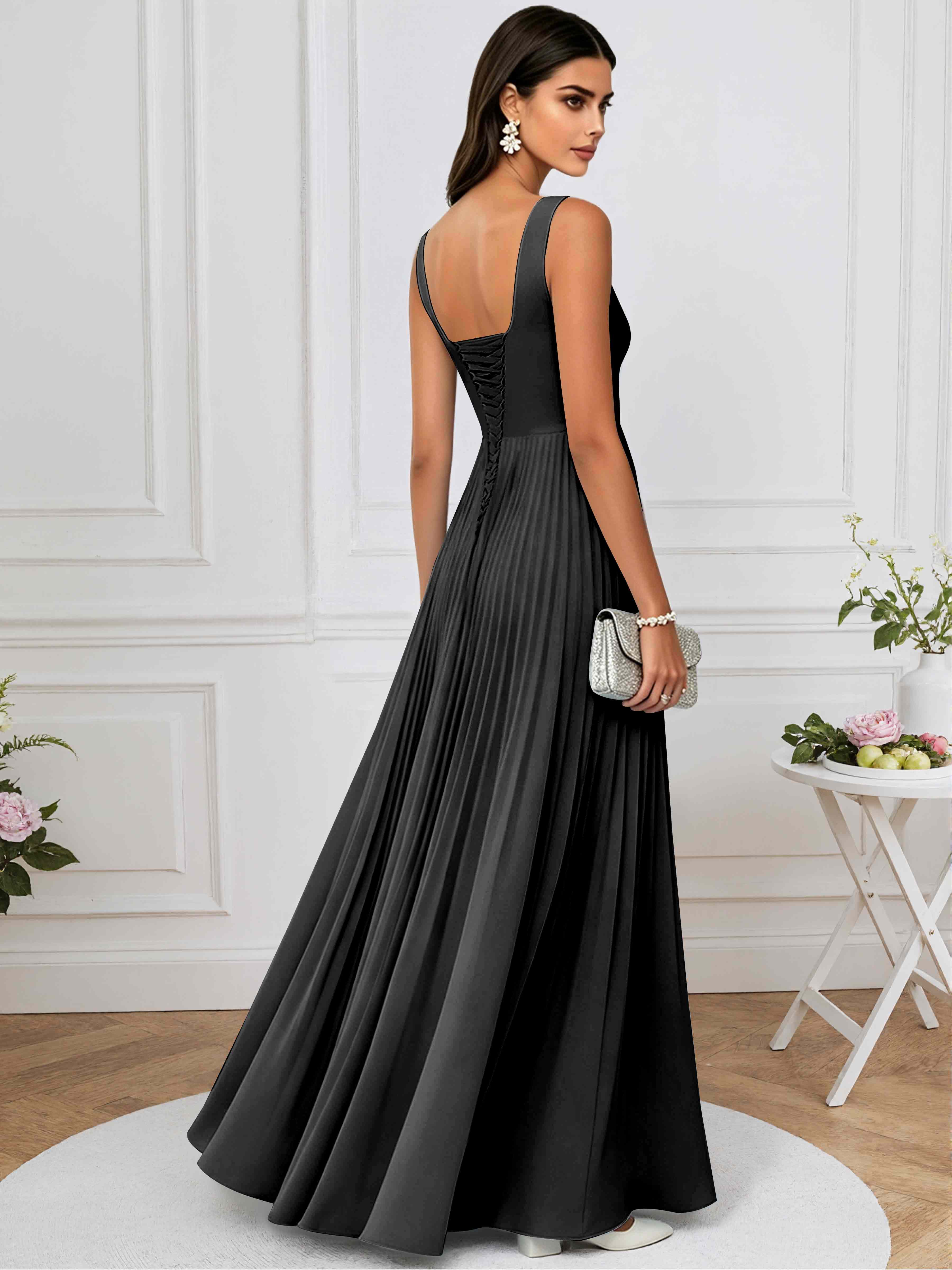 ROVDESY A-Line Square Neck Pleated Chiffon Long Bridesmaid/Prom Dress