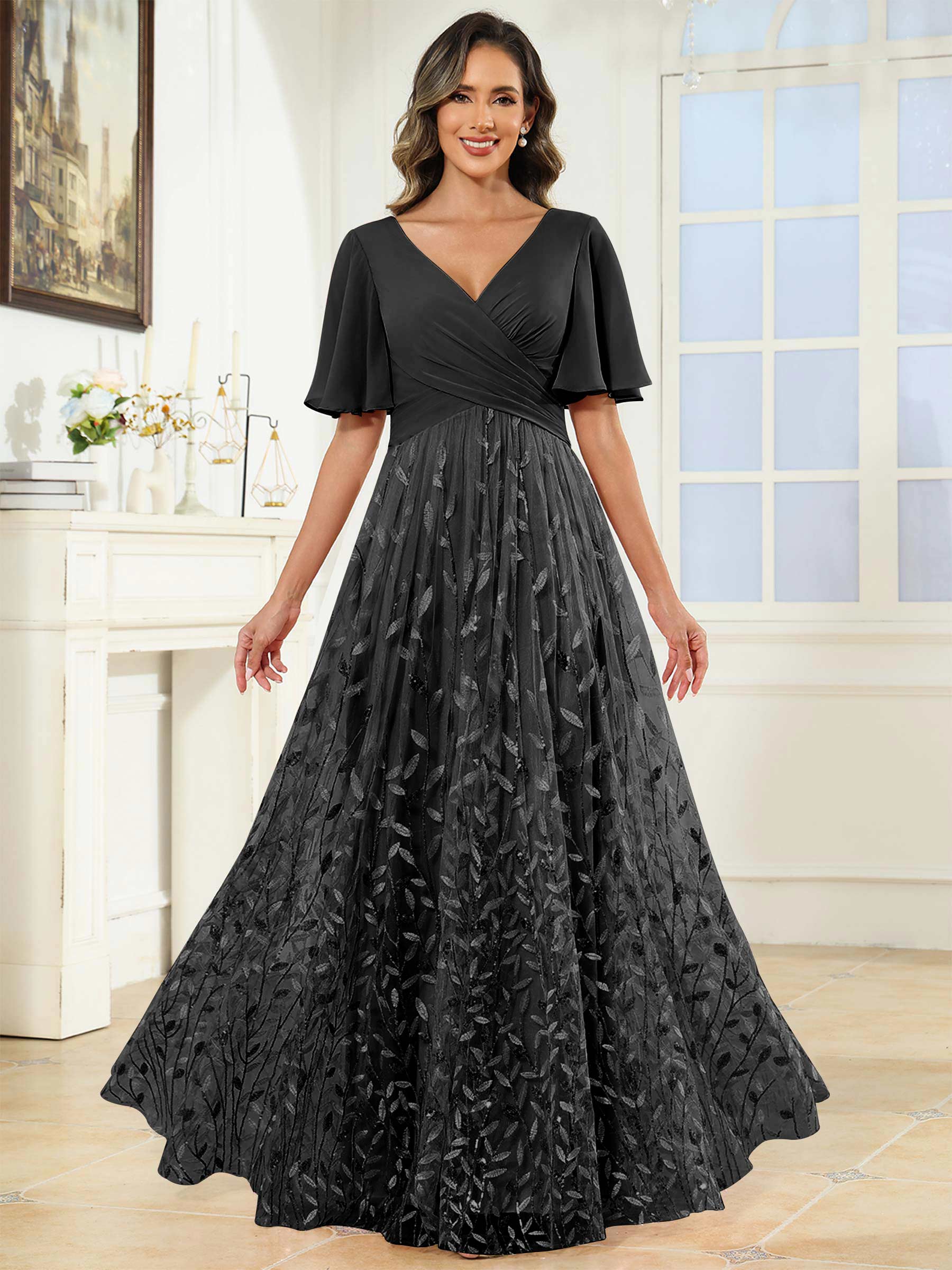ROVDESY A-Line V-Neck Chiffon Sequin Mother Of The Bride Dress With Short Sleeves