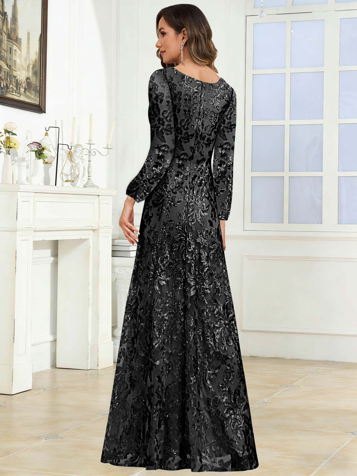 Crew Neck Sequin Lace Long Sleeve Mother of the Bride Dress