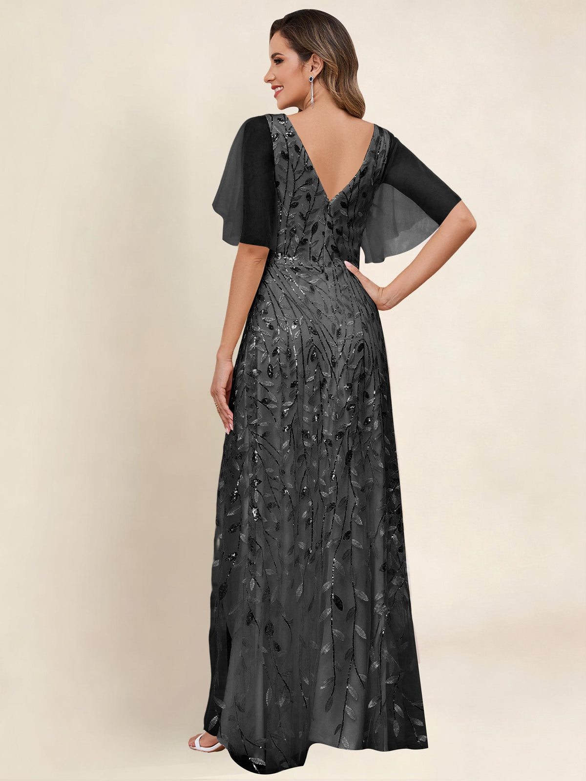 V Neck Sequin Tulle A Line Mother of the Bride Dress with Sleeves