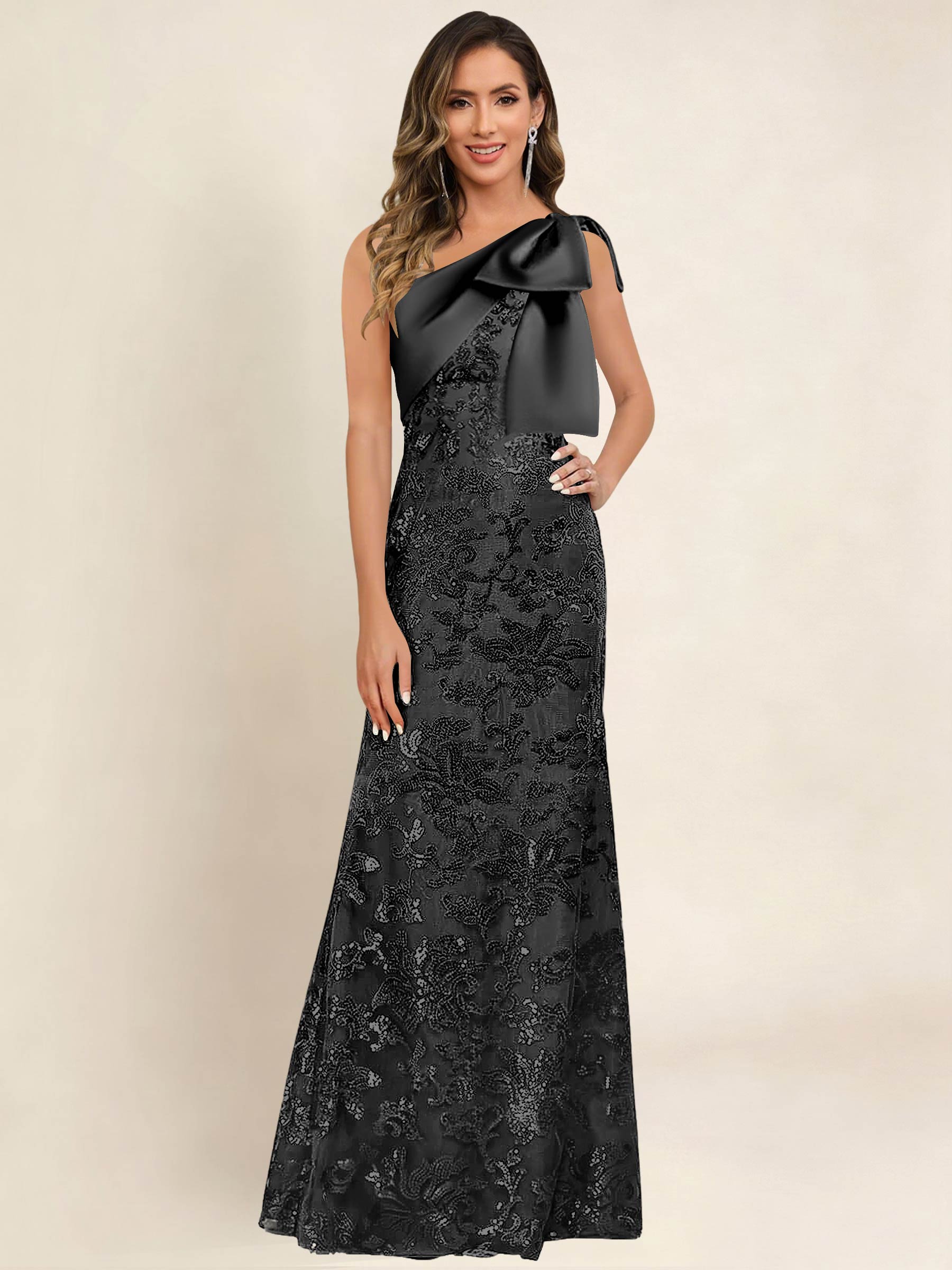 ROVDESY One Shoulder Sequin Mermaid Long Mother Of The Bride Dress Formal Gown With Bow