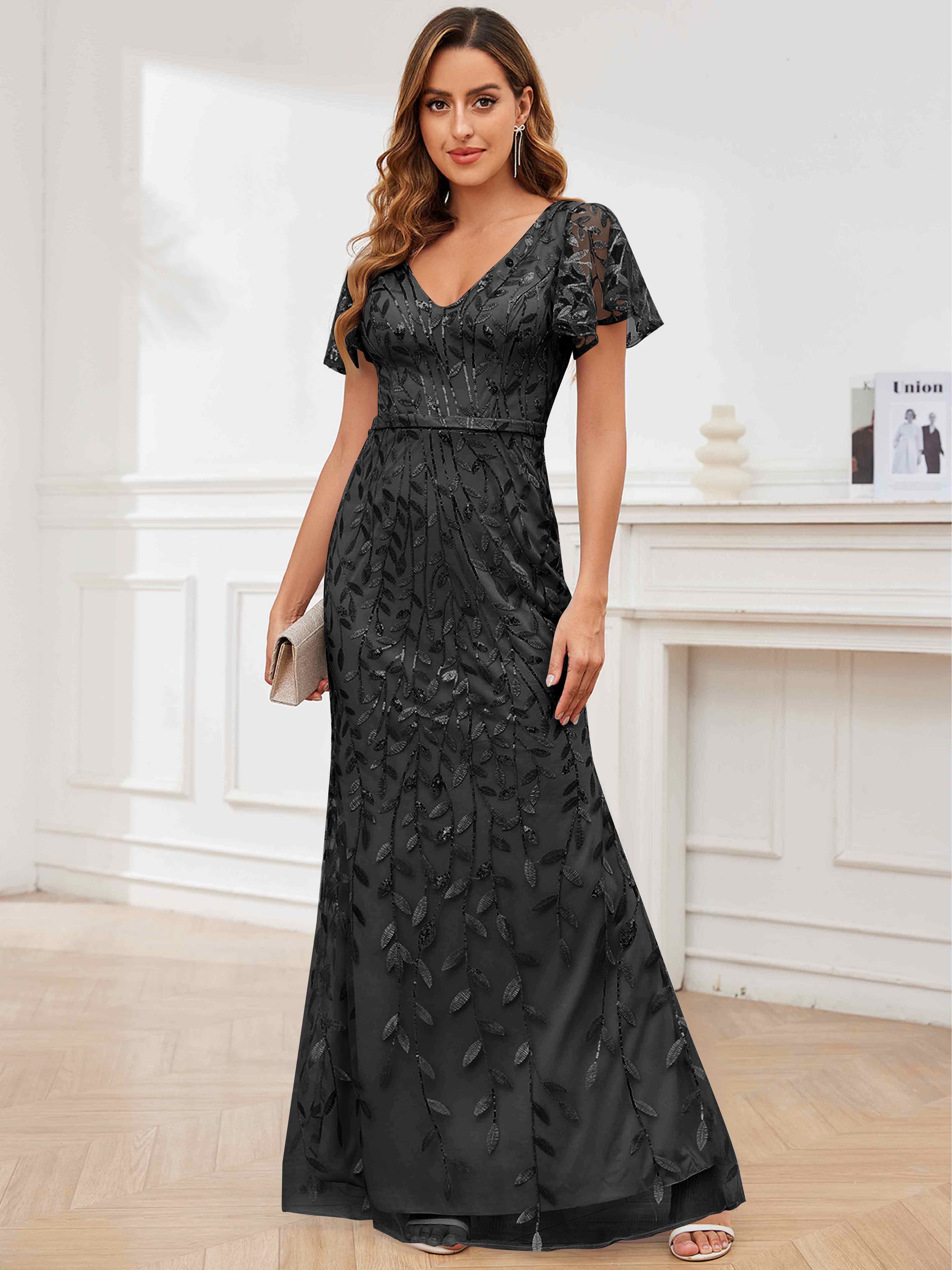 ROVDESY V-Neck Mermaid Sequin Mother Of The Bride Dress With Short Sleeves