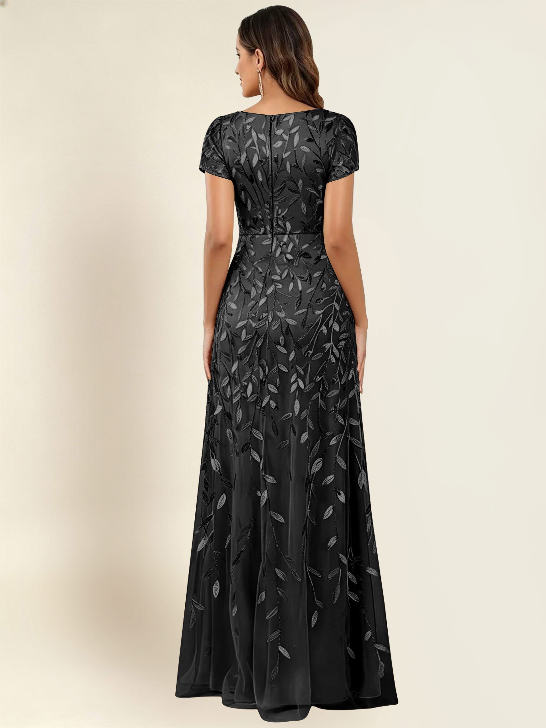 ROVDESY Sequin Mermaid Long Mother Of The Bride Dress With Short Sleeves Formal Gown