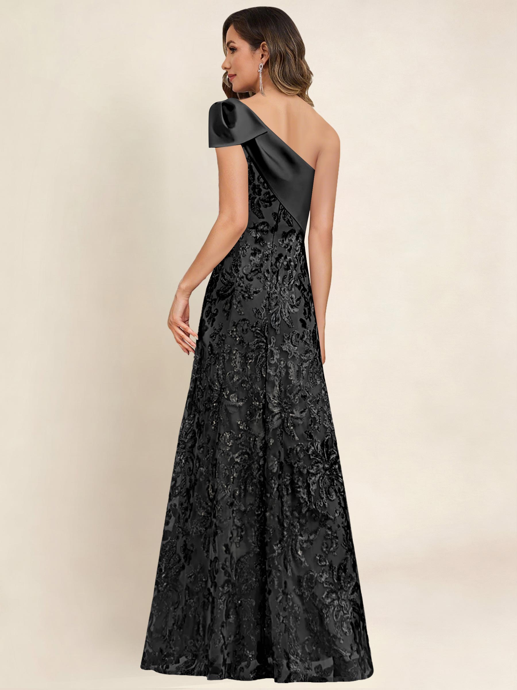 ROVDESY One Shoulder Sequin Mermaid Long Mother Of The Bride Dress Formal Gown With Bow