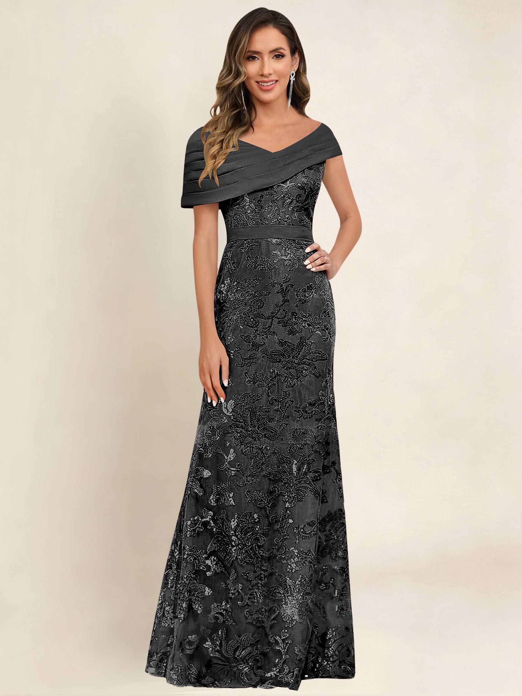 ROVDESY Off the Shoulder Sequin Mermaid Long Mother Of The Bride Dress Formal Gown